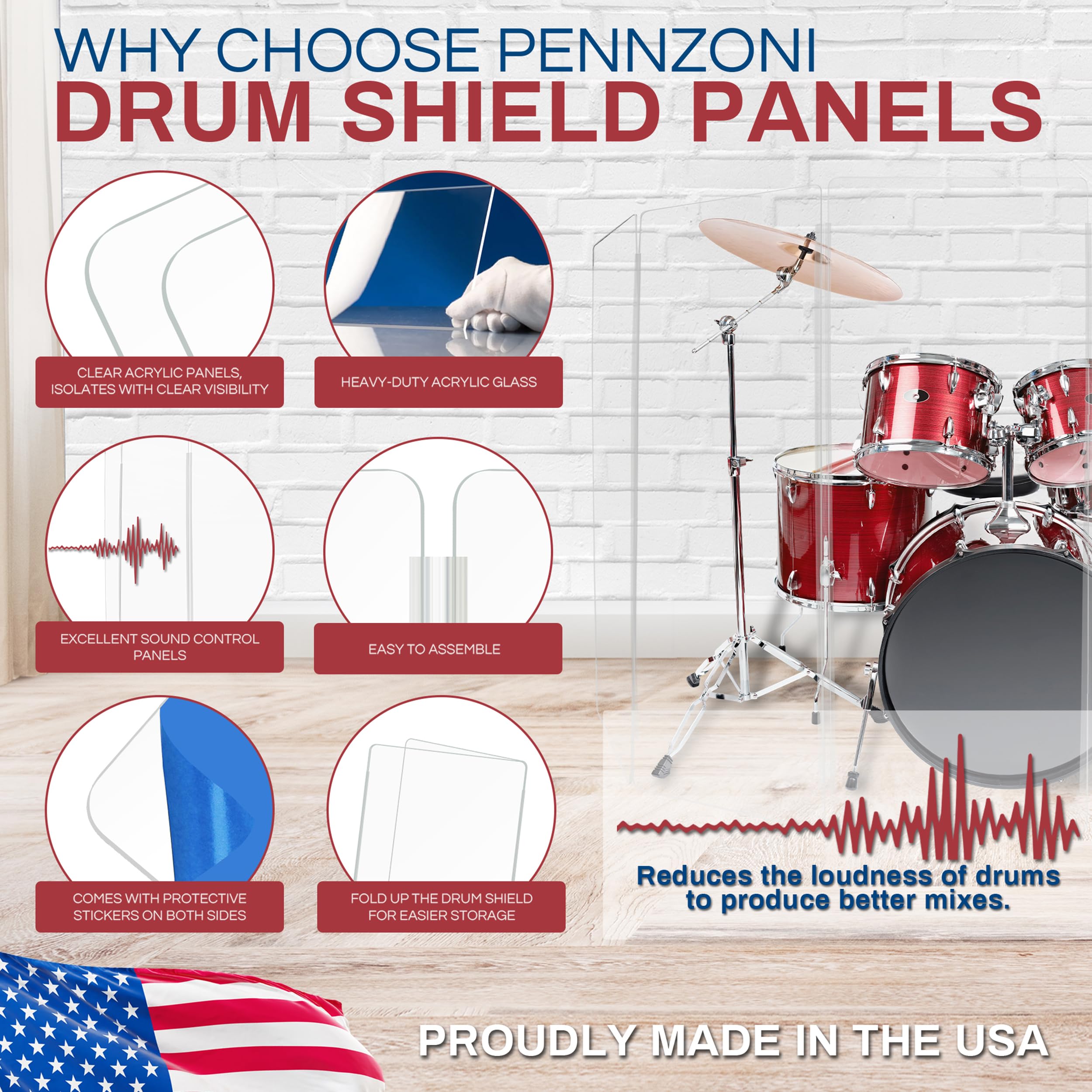 5ft Drum Shield with Plastic Hinges - 5 Premium Clear Acrylic Drum Panels & Screens - Sound Isolation for Drum Practice, Recording Studios & Live Performances