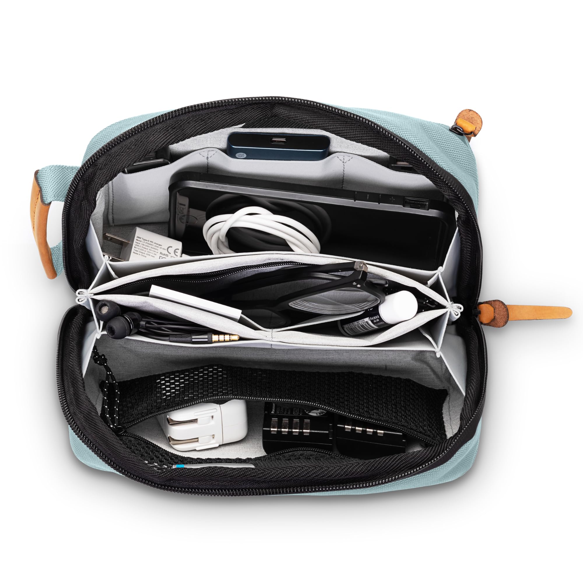 Premium Tech Bag Organizer - Small Electronics Travel Pouch with Leather Accents & Mesh Pockets for Cables, Chargers & Accessories (Dusty Teal) - Perfect for Business Trips, Commuting & Daily Organization