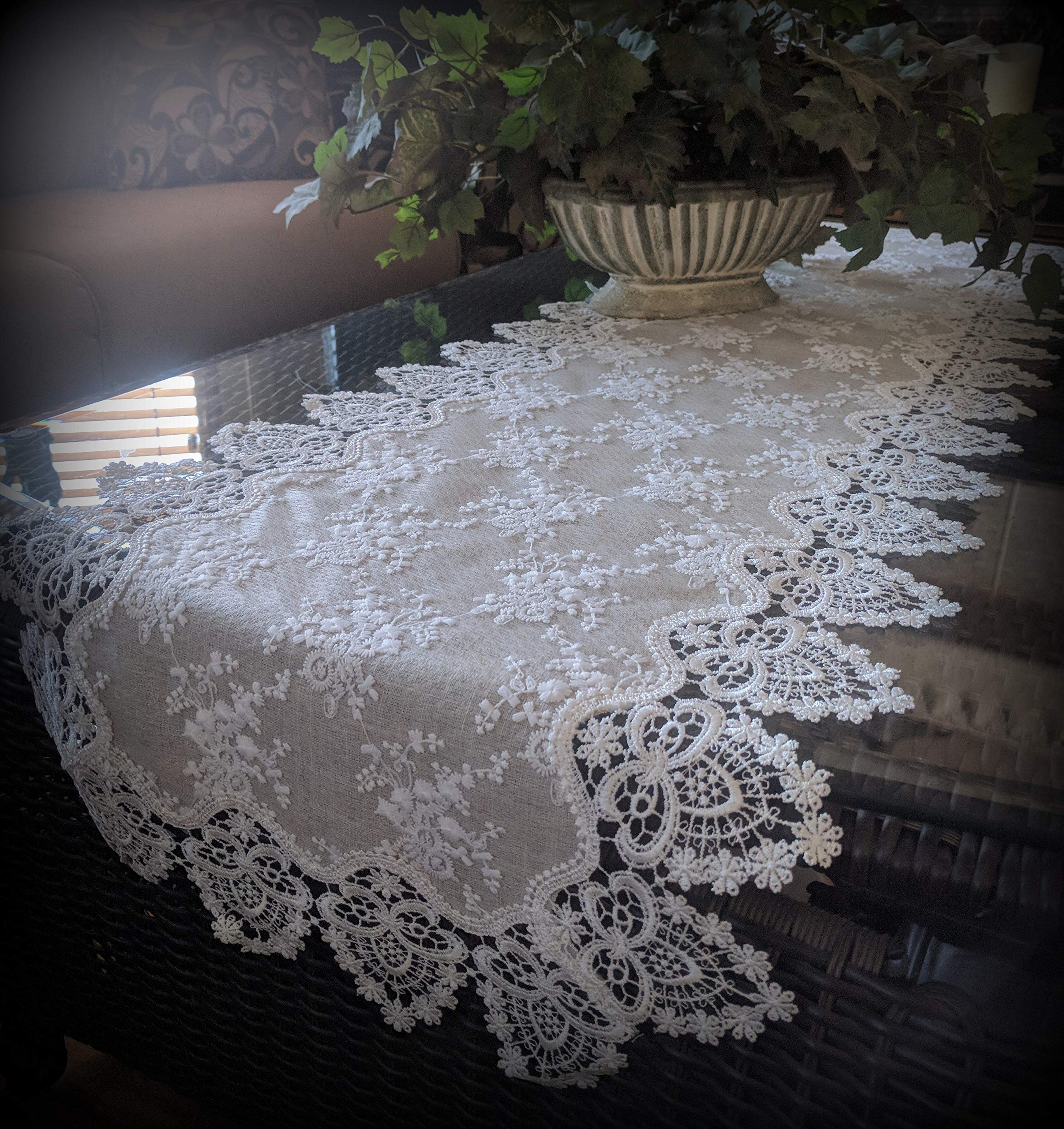 Giovanni Lace Dresser Scarf & Table Runner - 56 Inch Burlap Doily in Neutral Tones (Taupe/Antique Ivory) - Victorian Style Home Decor for Dressers, Dining Tables & Wedding Centerpieces