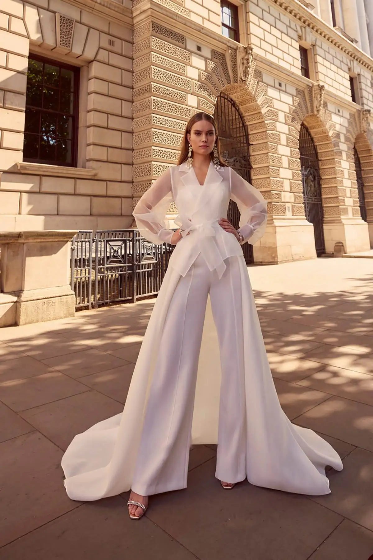 Modern Wedding Dress Jumpsuit - Sweetheart Neckline Strapless Sleeveless Bridal Pant Suit with Detachable Sweep Train | Custom Sizing | Perfect for Beach Weddings, Elopements & Reception Outfit Changes