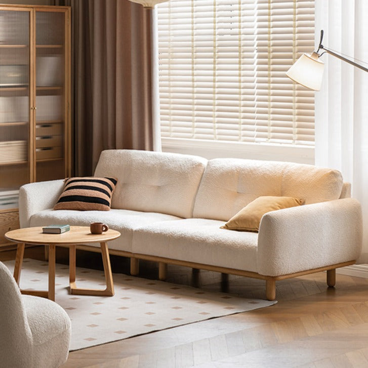 Oak Solid Wood Lamb Fleece Sofa - White Cream Modern Style | Cozy Living Room Furniture for Home Decor