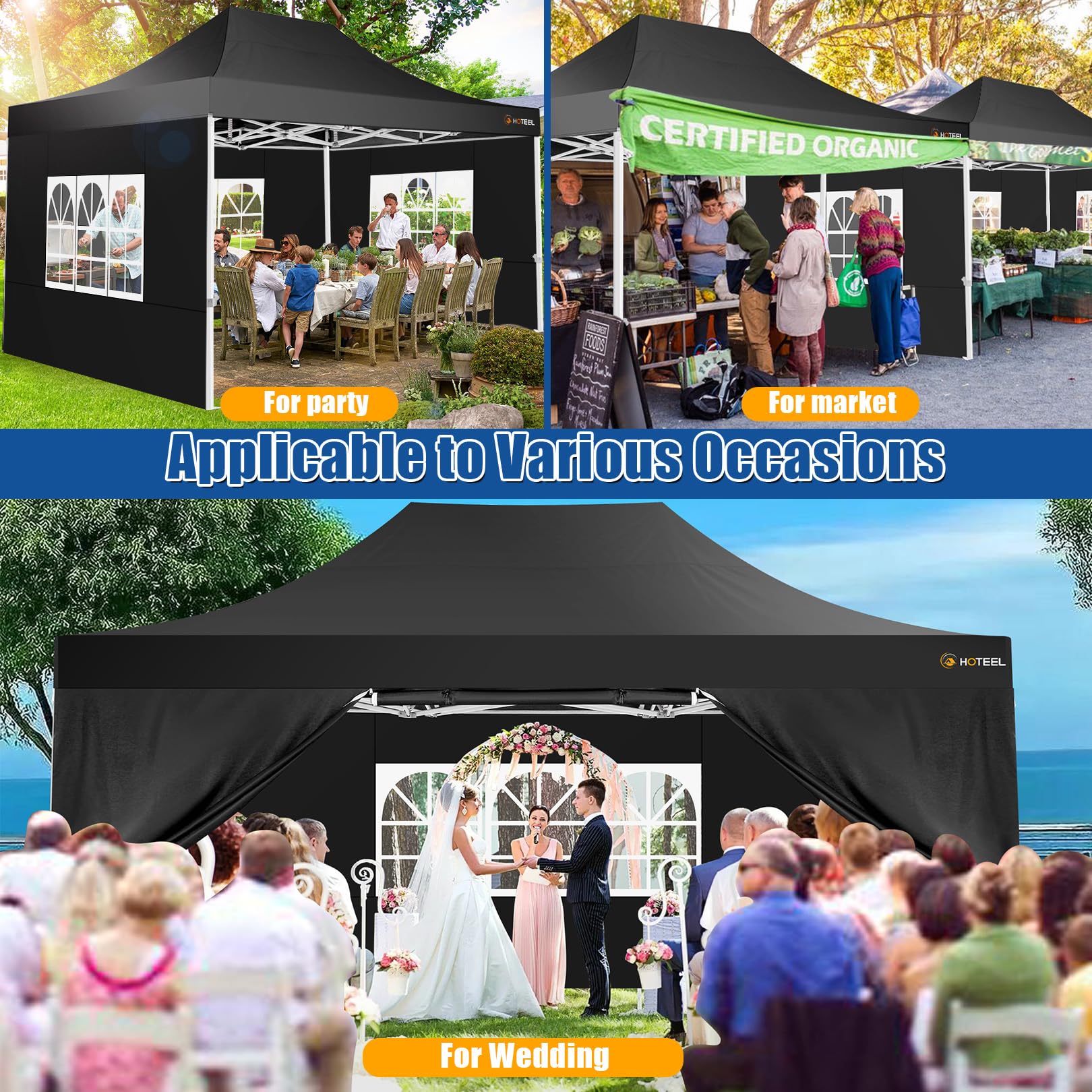 HOTEEL 10x15 Heavy Duty Pop Up Canopy Tent - Easy Setup Commercial Gazebo with 4 Sidewalls, Roller Bag & Sand Bags - Hexagonal Frame for Outdoor Weddings, Parties, Events & Camping (Black)