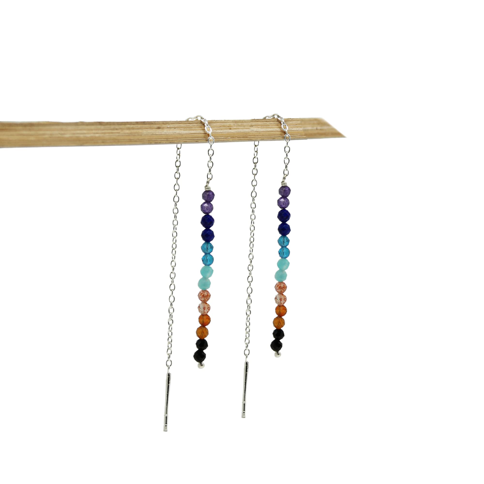 7 Chakra Sterling Silver Threader Earrings for Women - Adjustable Lightweight Pull-Through Double Piercing Dangle Earrings - Long & Short Boho Jewelry for Yoga, Meditation & Spiritual Healing