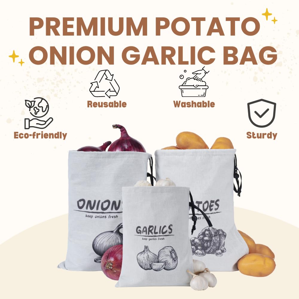 Reusable Potato Onion Garlic Storage Bags with Drawstring Closure - 3 Pack for Pantry & Kitchen Organization | Fresh Vegetable Keepers for Home, Restaurant & Grocery Store Use