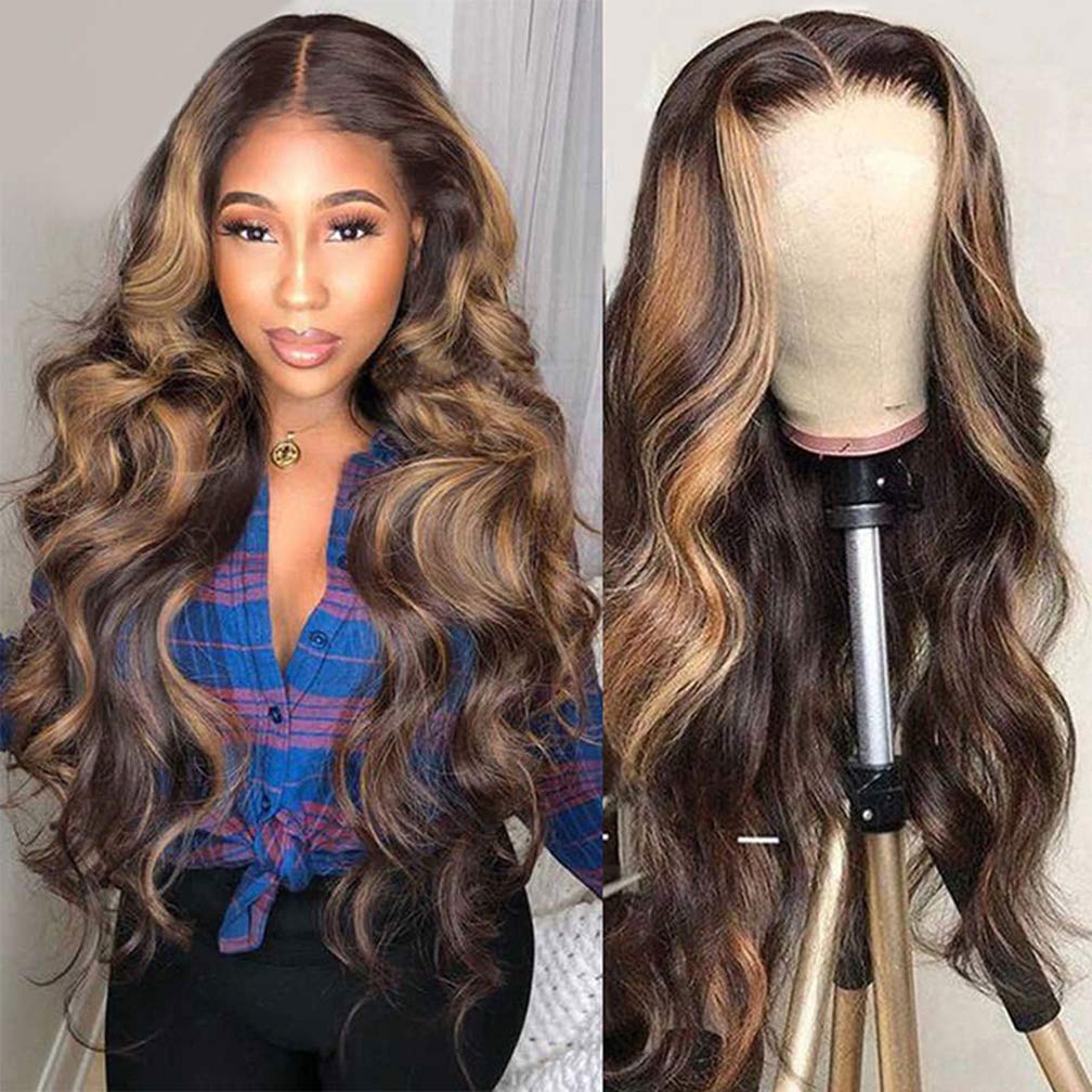 13x4 Lace Front Human Hair Wig - Long Ombre Balayage Highlight Wig with Loose Waves for Black & White Women | Brown to Blonde Mix | Perfect for Parties, Weddings & Daily Wear