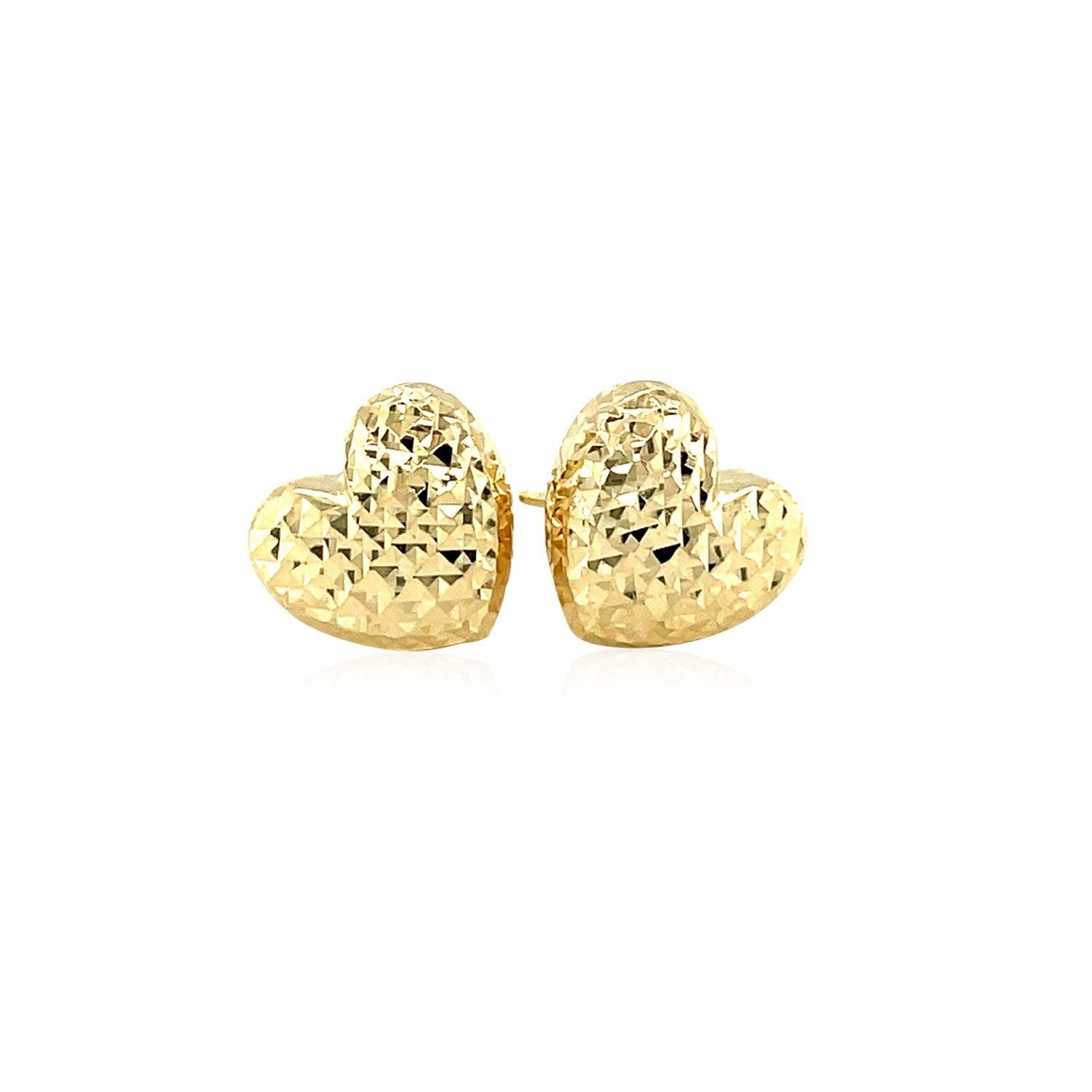 14K Yellow Gold Puffed Heart Earrings with Diamond Cuts - Elegant Dangle Earrings for Women, Perfect for Valentine's Day, Anniversary, Wedding & Special Occasions