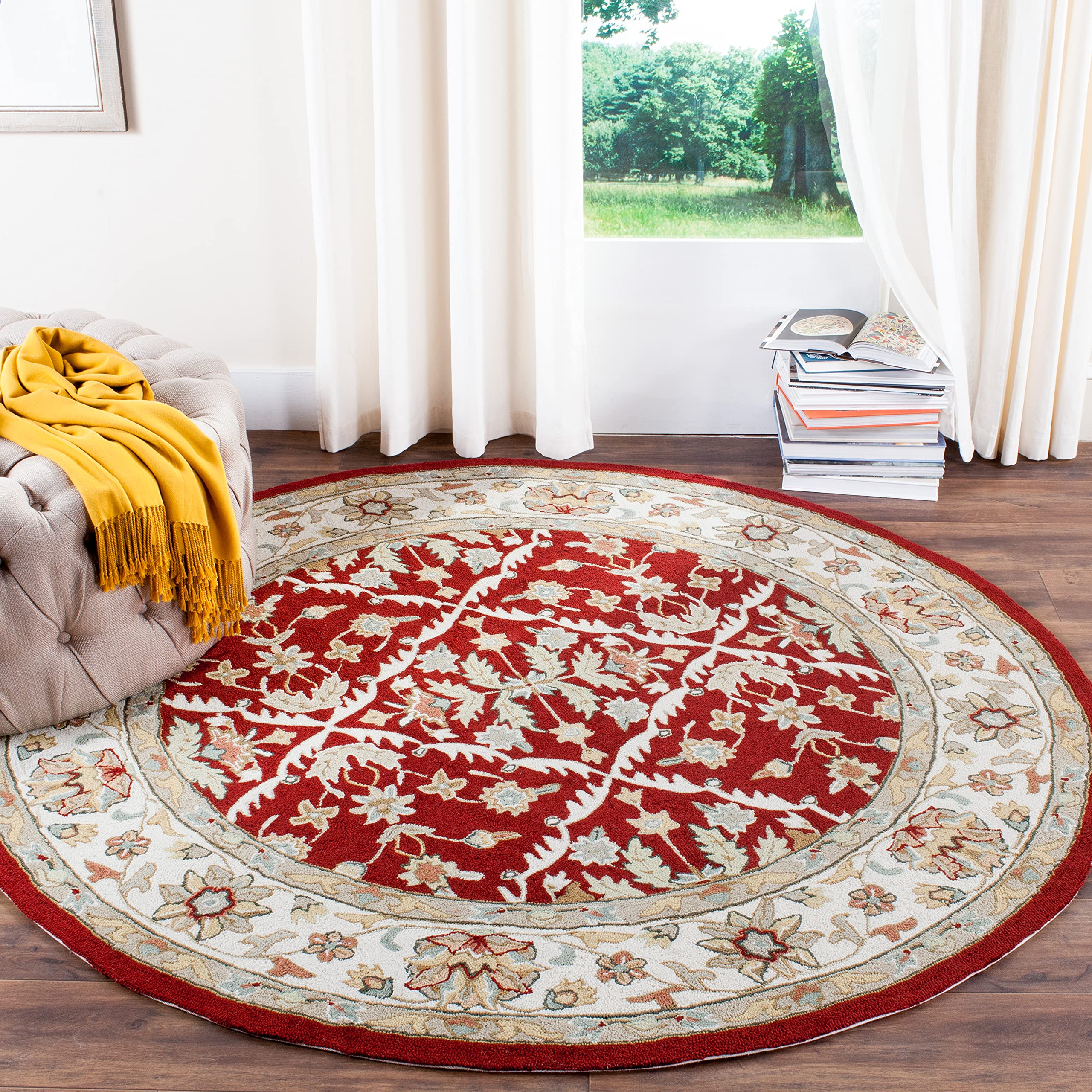 SAFAVIEH Easy Care Collection 8' Round Red/Ivory Hand-Hooked Area Rug - EZC717A - Perfect for Living Room, Bedroom & Home Decor