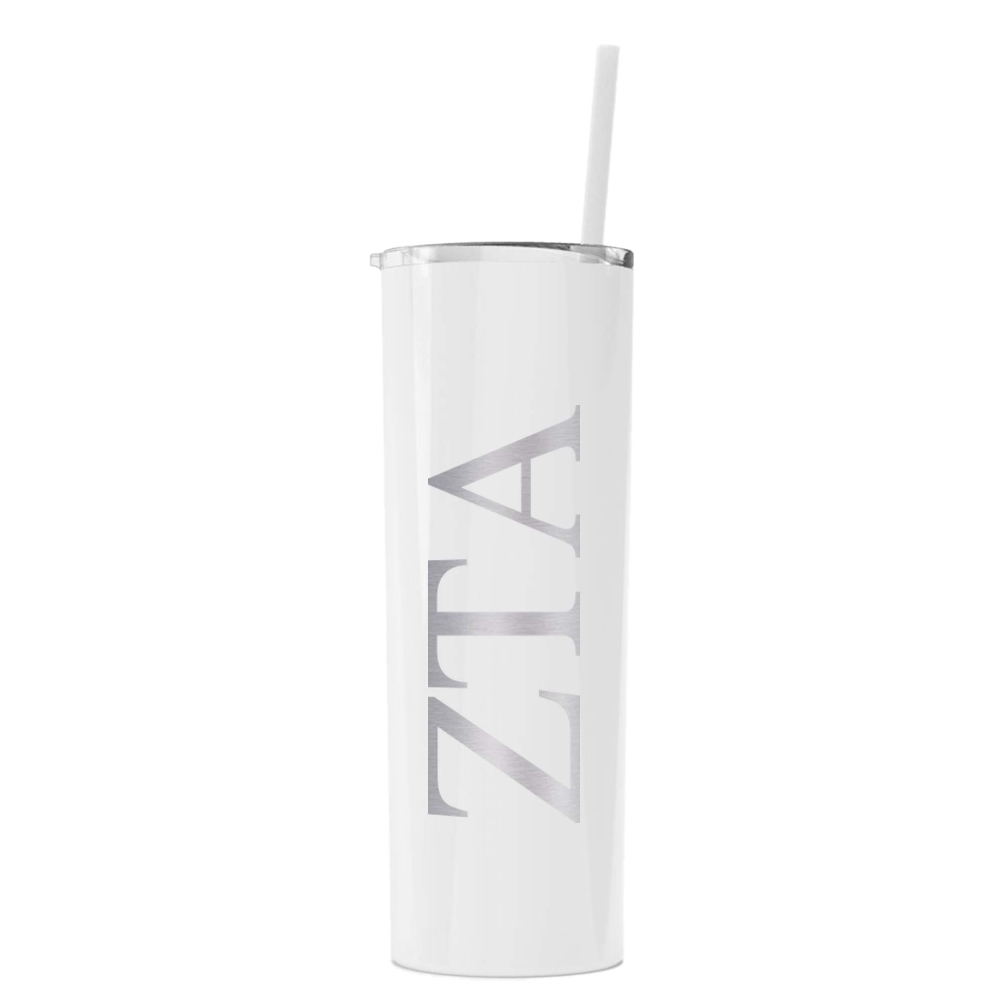 Zeta Tau Alpha Greek Letter Skinny Tumbler with Straw - 20oz Insulated Stainless Steel Travel Cup for Sorority Sisters - Perfect for College, Gym & Everyday Use (White)