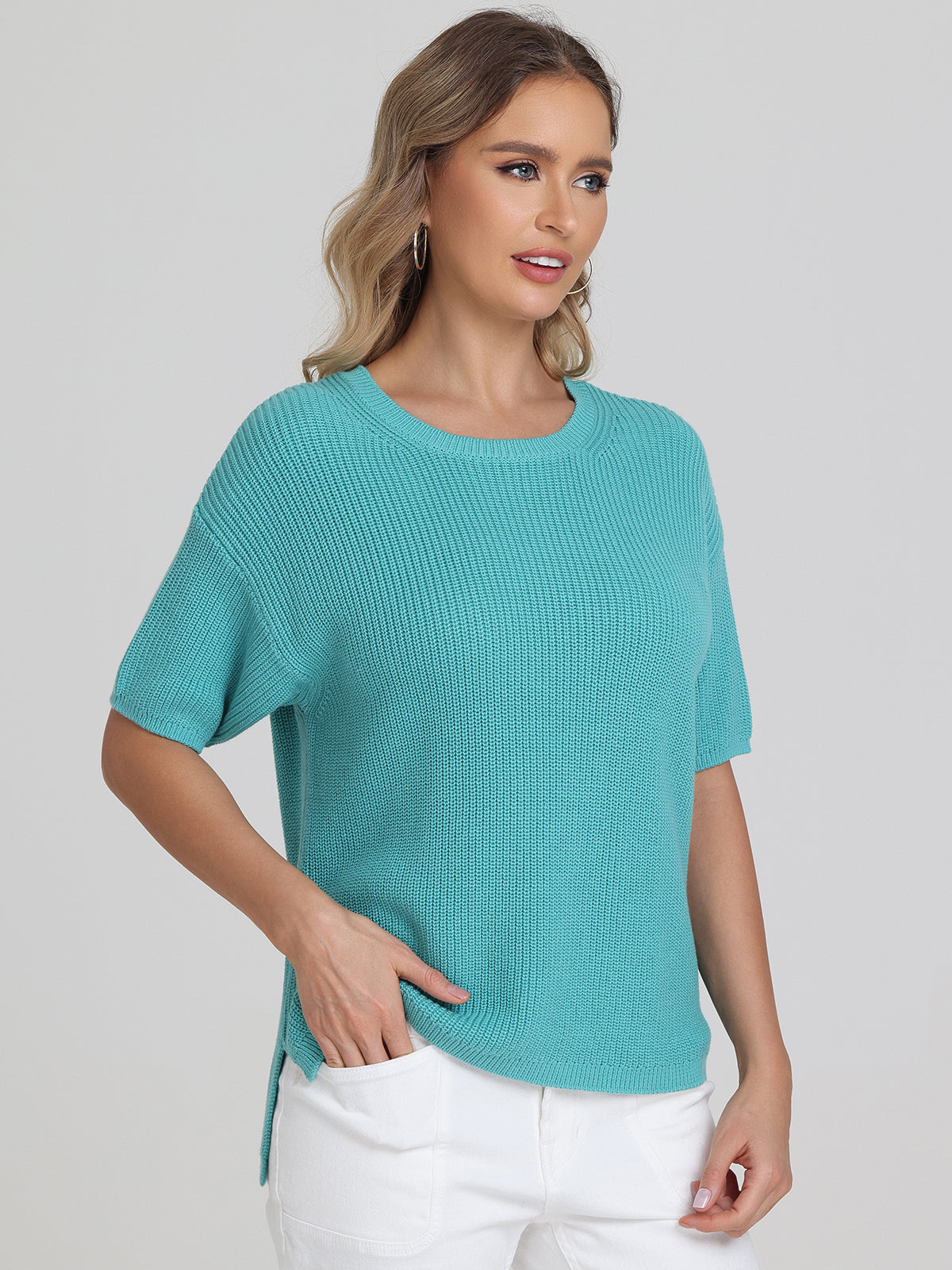 Emma Women's Crewneck Shaker Stitch Knit Tee - Soft Casual T-Shirt for Everyday Wear, Lounge & Outfits