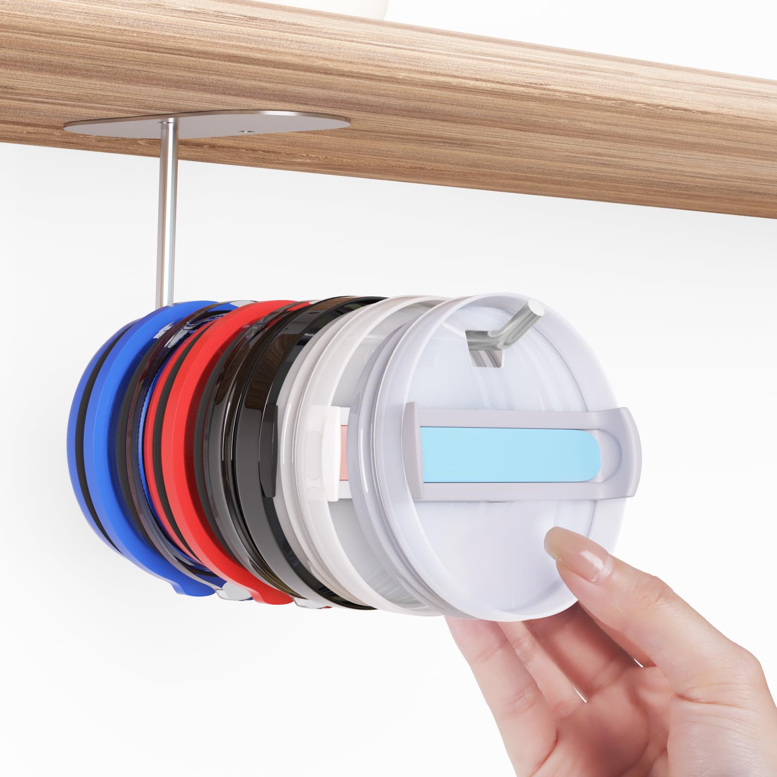 Space Saving Cup Lid Organizer Hook - Self-Adhesive or Drilling Tumbler Lid Storage for Yeti, Stanley & Simple Modern Tumblers - Perfect for Kitchen Cabinet, RV & Office Organization