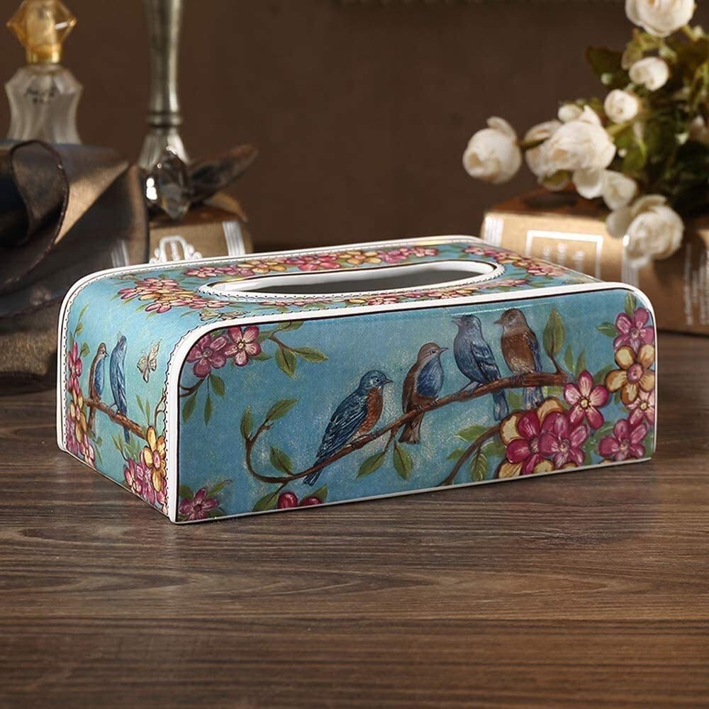 Ceramic Tissue Box Cover with Bird & Flower Pattern - Elegant Home Decor Napkin Holder for Living Room, Bathroom & Bedroom Organization
