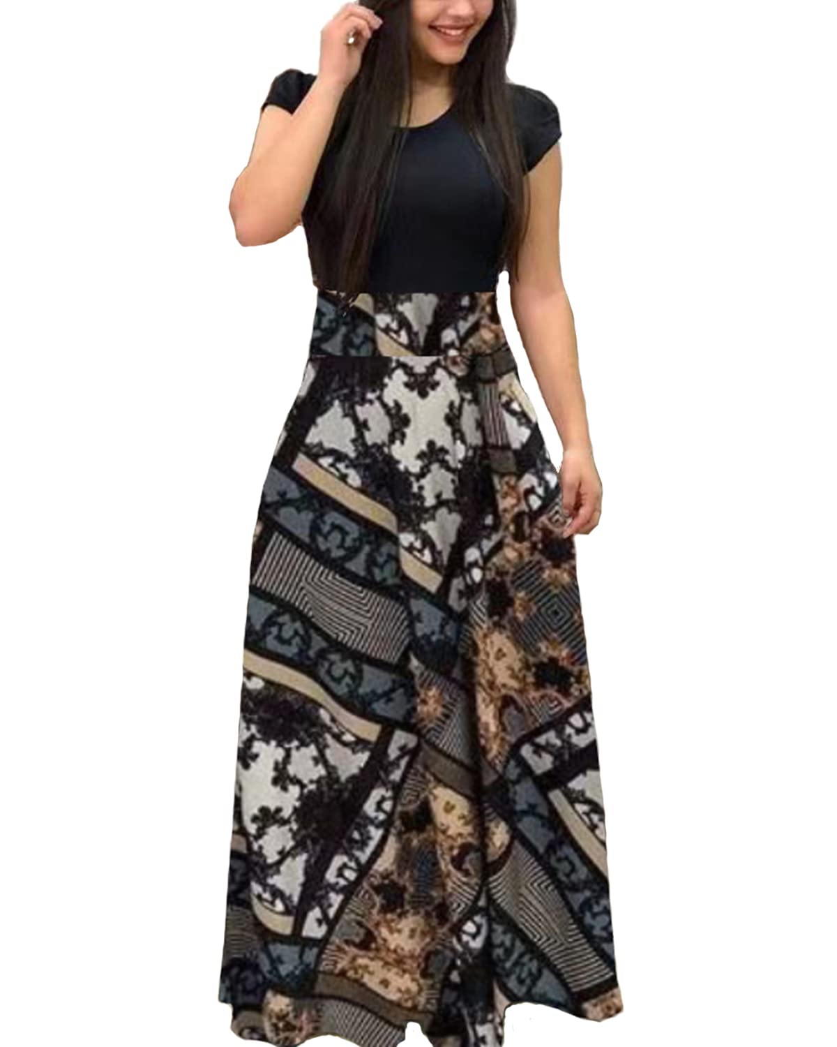 Aublary Women's Long Sleeve Maxi Dress - Floral Print Round Neck Casual Tunic Dress for Spring Summer, Perfect for Beach Vacation, Date Night and Office Wear