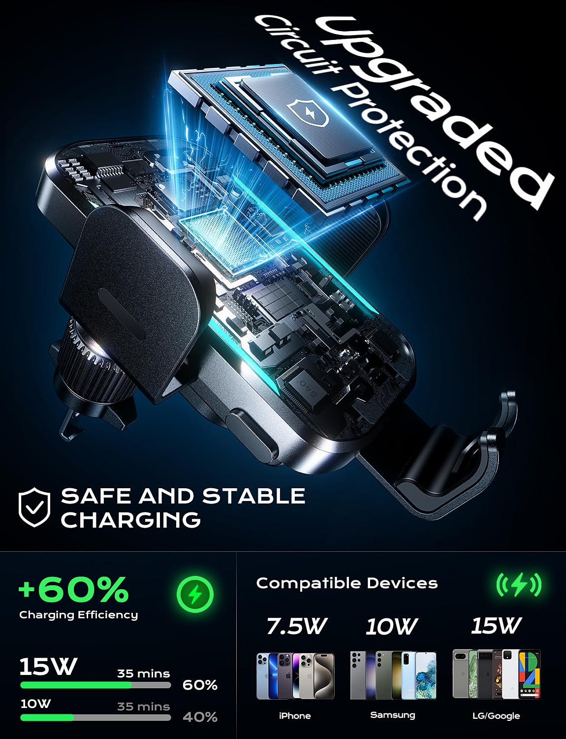 15W Fast Wireless Car Charger & Auto-Clamping Air Vent Phone Mount - Compatible with iPhone 16/15/14/13/12, Samsung S24/S23/S22 - Blue LED Backlit for Safe Night Driving | Perfect for Commuting, Road Trips & GPS Navigation