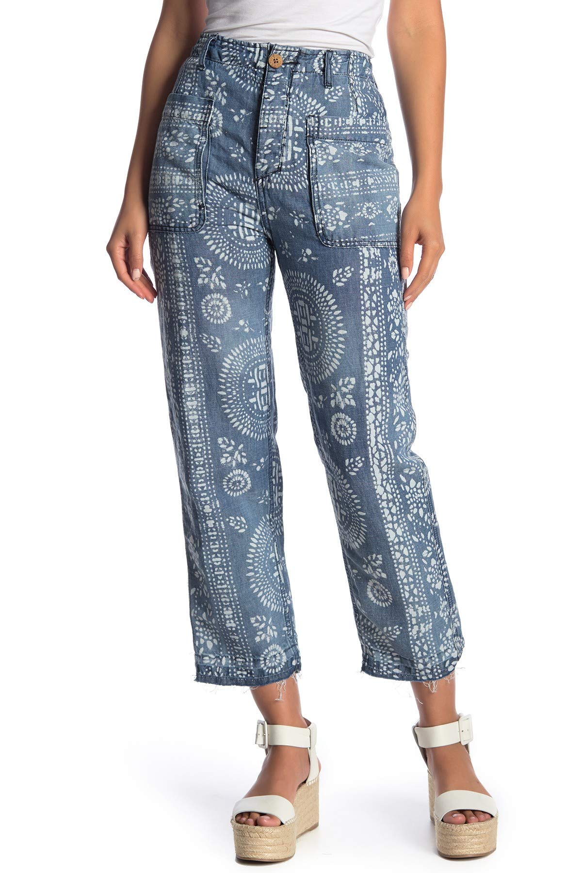 Free People Island Vibes Discharge Trousers - Women's Boho Chic Beach Pants in Island Blue, Size 25 | Perfect for Vacation, Summer Outfits & Casual Wear