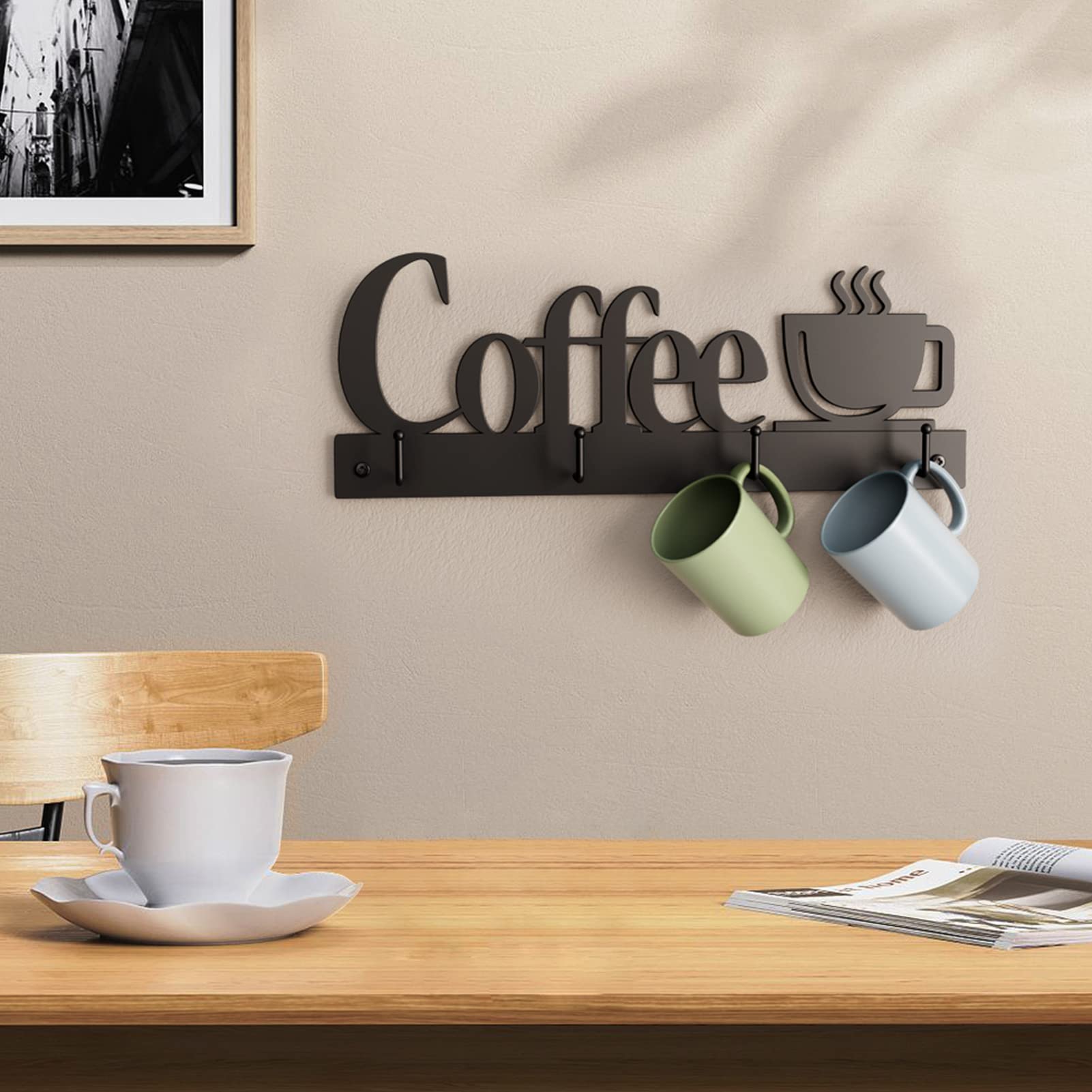 Rustproof Wall-Mounted Coffee Cup Holder with 4 Heavy-Duty Hooks - Includes Metal Coffee Sign & Cup-Shaped Logo - Perfect Kitchen & Office Decor for Coffee Bar Accessories & Tea Cup Organization