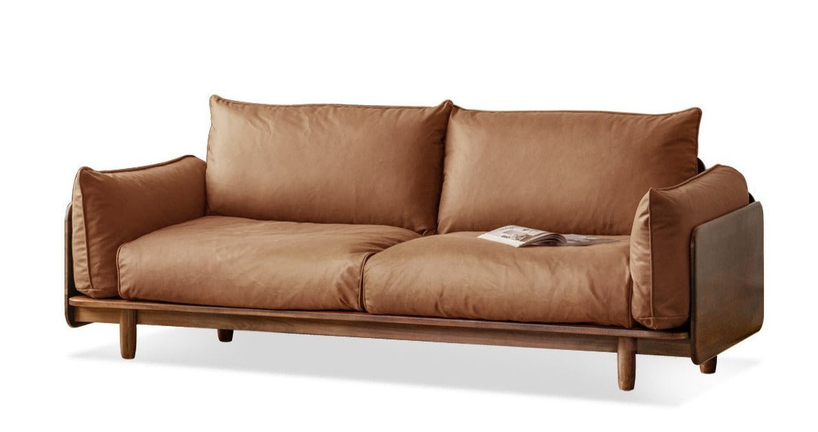 Premium Black Walnut Solid Wood Genuine Leather Sofa - Handcrafted Fabric Sofa for Living Room, Lounge & Office - Modern Comfort Furniture for Home Decor