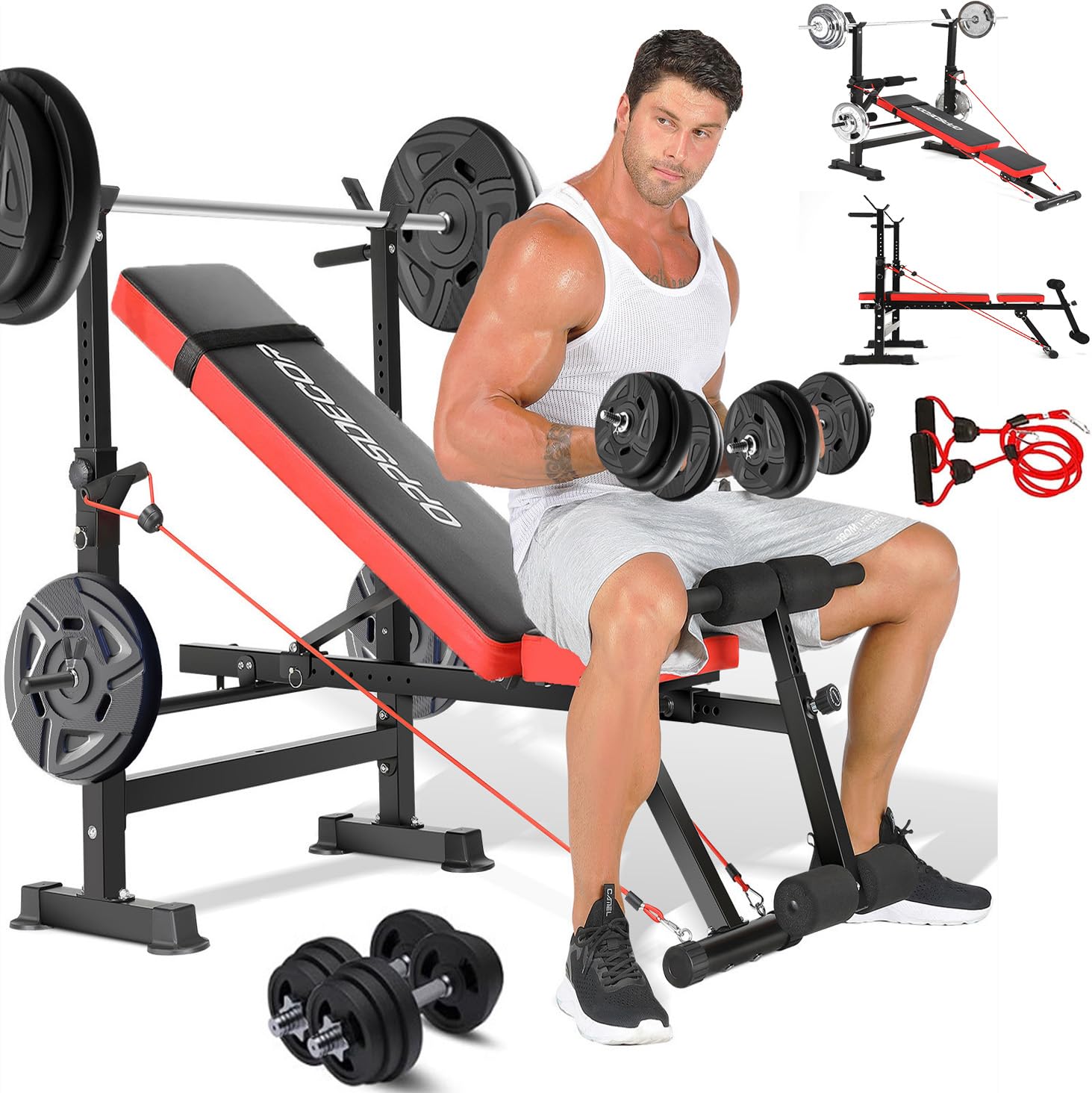 OPPSDECOR 8-in-1 Adjustable Weight Bench Set - 660lbs Capacity Olympic Workout Bench with Squat Rack, Leg Developer & Preacher Curl - Foldable Home Gym Equipment for Strength Training & Full Body Workouts