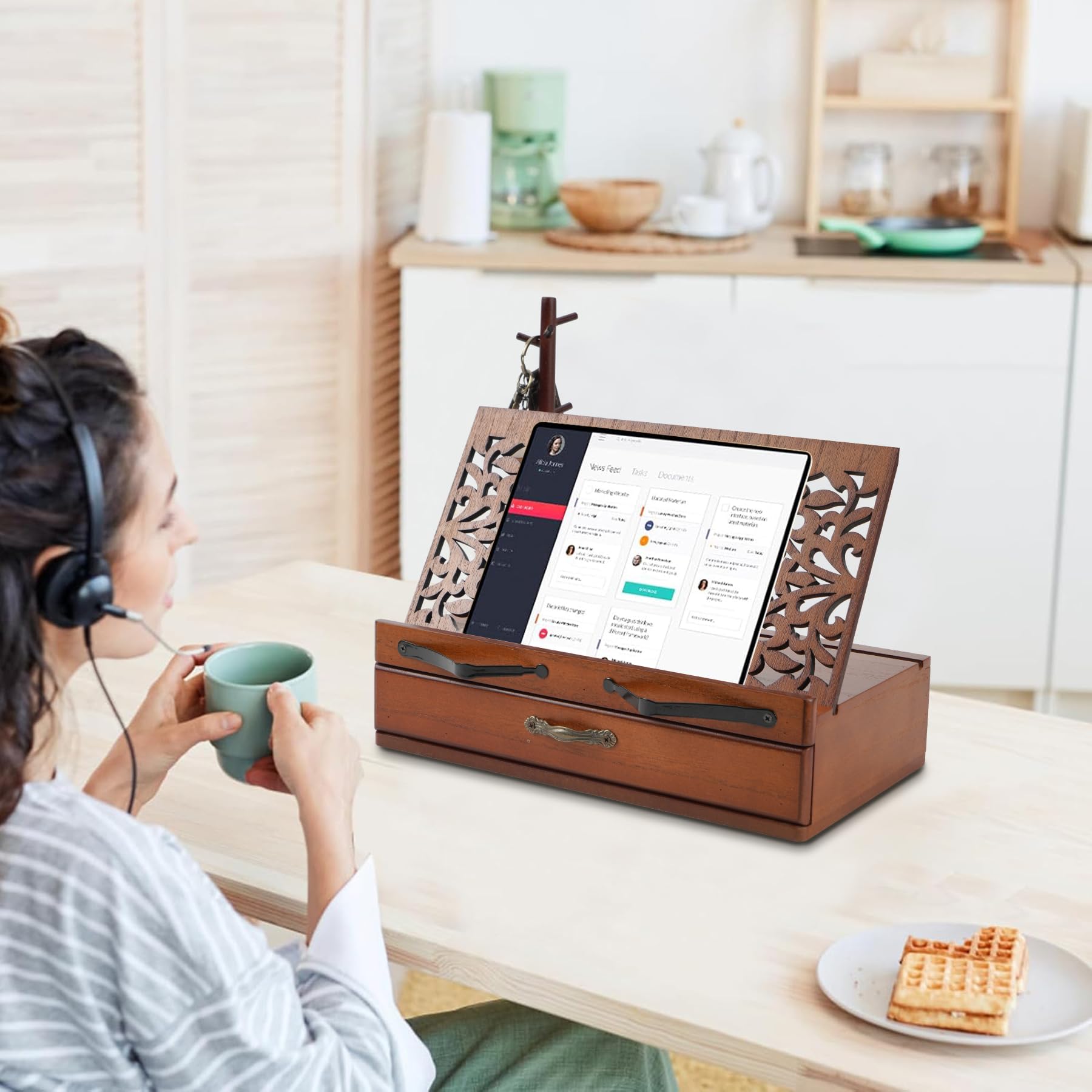 Wooden Book Stand for Hands-Free Reading - Adjustable Triangle Book Holder with Cup, Glasses, Pen & iPad Holder - Book Page Holder Stand with Drawer - Perfect Gift for Book Lovers - Ideal for Home, Office & Library Use