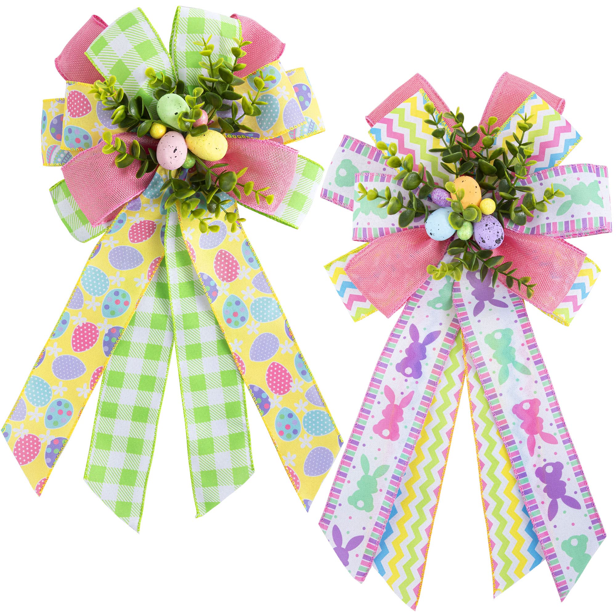 2 Pack Large Easter Wreath Bows - 12 x 20 Inch Colorful Spring Basket Bows with Bunny & Egg Patterns, Multilayer Burlap Tree Topper for Wreath, Front Door, Wall, and Easter Party Decorations