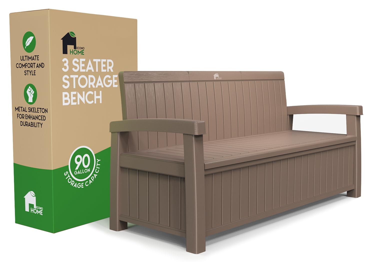 EconoHome 3-Seat Outdoor Storage Bench - 90 Gallon Capacity Weatherproof Resin Patio Furniture for Garden, Yard & Pool Area - Perfect for Storing Pool Accessories, Gardening Tools & Outdoor Toys (Great for Patio Seating & Backyard Storage)