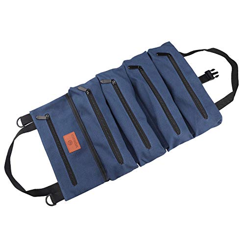 Ferbao Heavy Duty Canvas Tool Bag with 5 Zipper Pockets - Electrician Tool Organizer, Multi-Functional Roll-Up Storage for Electricians & Carpenters (Blue) | Perfect for Job Sites, Home Repairs & DIY Projects