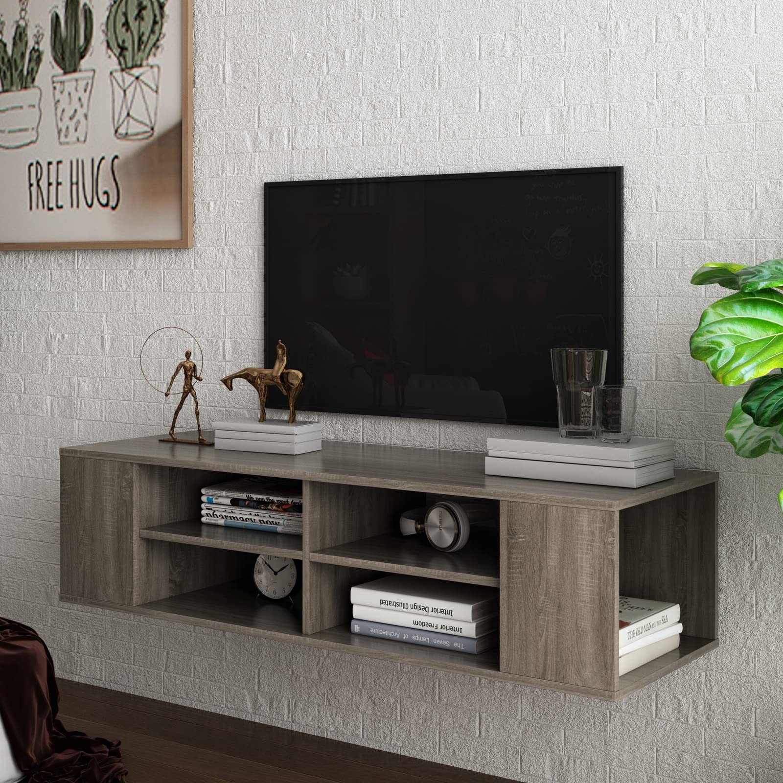 Floating TV Stand Wall Mounted Entertainment Center with 2-Tier Storage - Wooden Hanging Media Console TV Shelf for Living Room & Bedroom - Walnut Finish - Perfect for Small Spaces & Modern Home Decor
