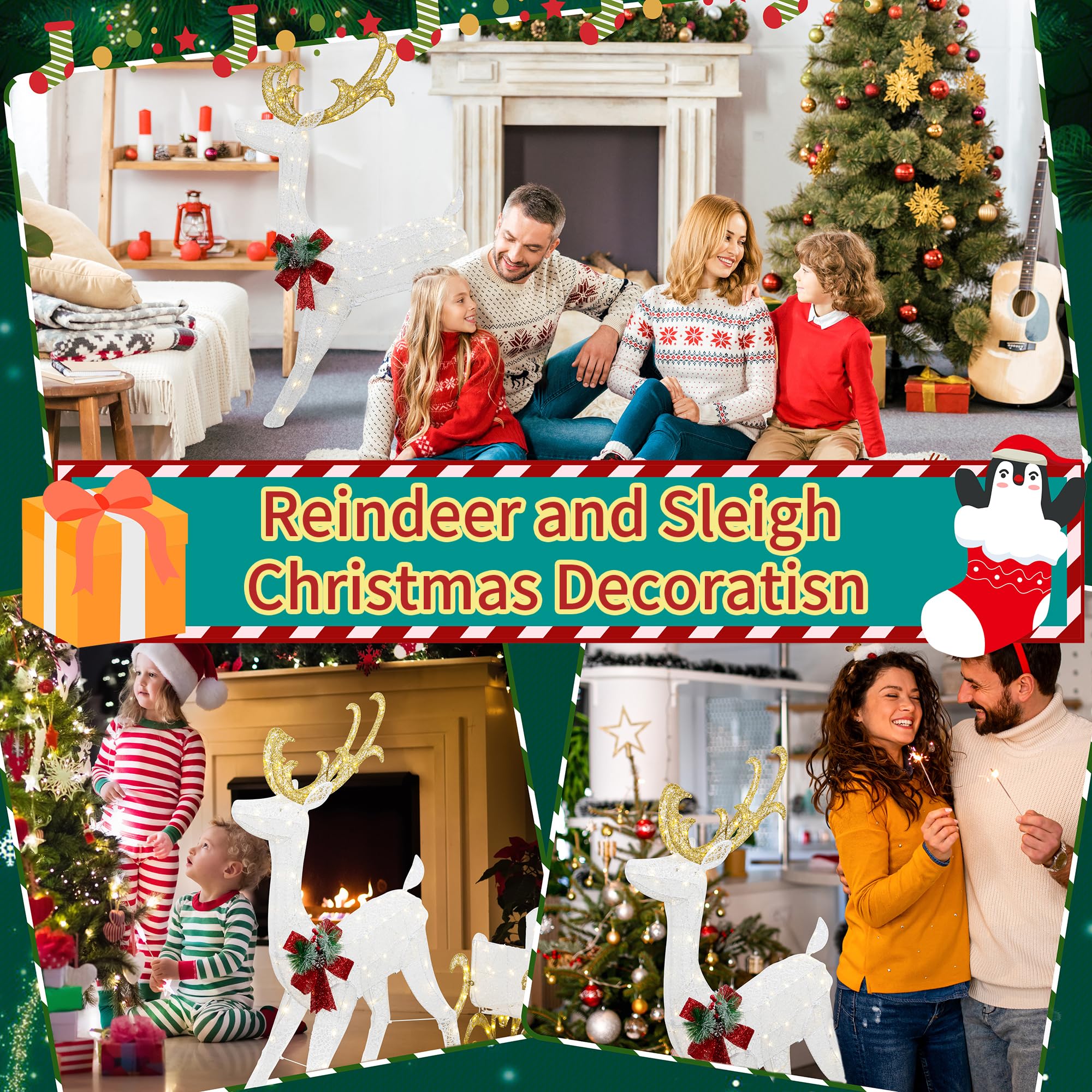 White Reindeer and Santa's Sleigh Christmas Decor with Pre-Strung LED Lights & Ground Stakes - Outdoor Holiday Yard Decoration for Festive Home Decor