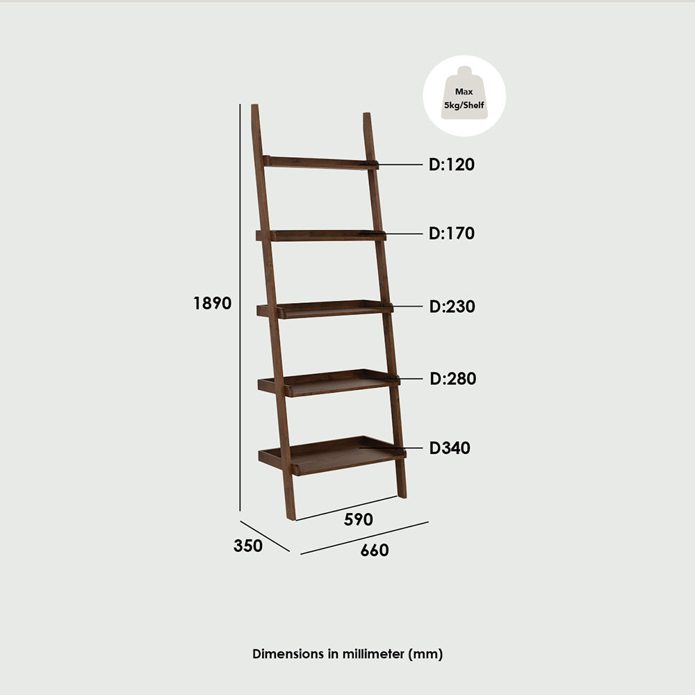 MILT Leaning Bookcase 66cm Black - Modern Ladder Shelf for Living Room, Bedroom & Office Storage