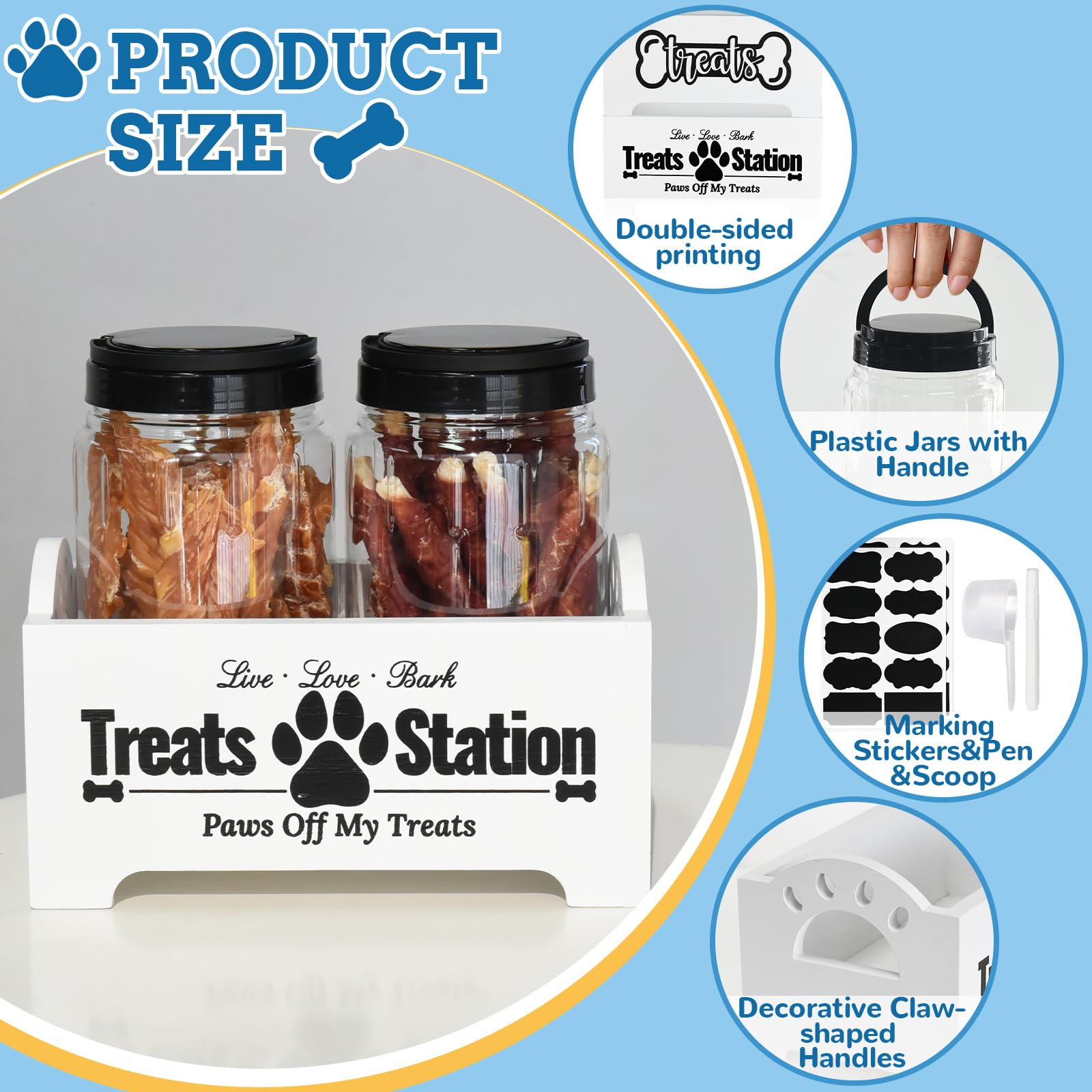Farmhouse Style Dog and Cat Food Storage Container - Airtight Pet Treat Organizer with 2 Plastic Jars for Dry Food & Snacks - Wooden Pet Food Holder for Kitchen Counter or Pantry Organization (White) - Perfect for Storing Kibble, Biscuits and Keeping Pet Food Fresh