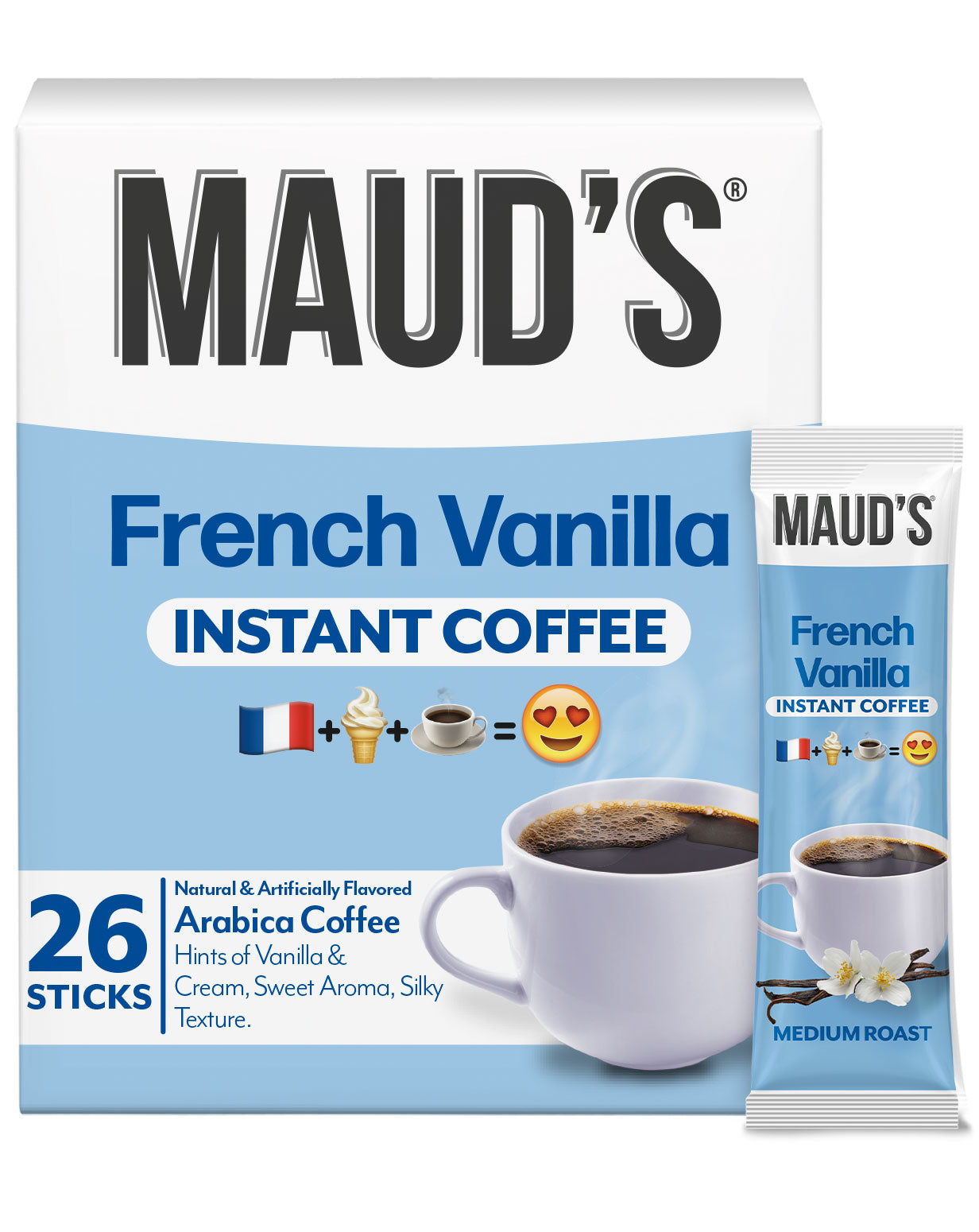 Maud's Instant French Vanilla Flavored Coffee - Rich & Creamy Vanilla Taste - Perfect for Office, Travel & Home Brewing - 100% Arabica Beans