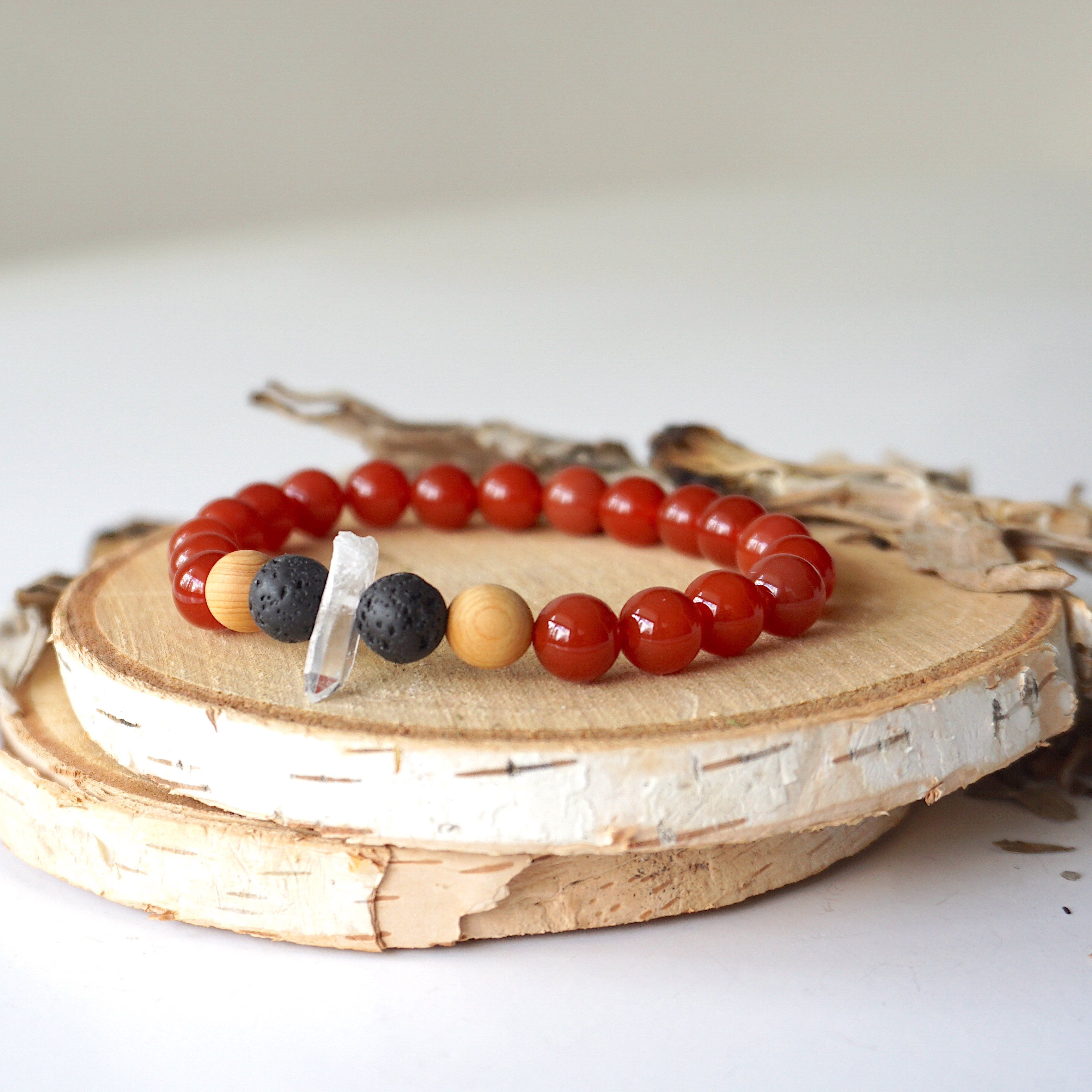 Natural Carnelian Healing Crystal Mala Bracelet with Quartz, Lava Beads & Olivewood - Meditation, Yoga, Chakra Balancing & Spiritual Healing Jewelry