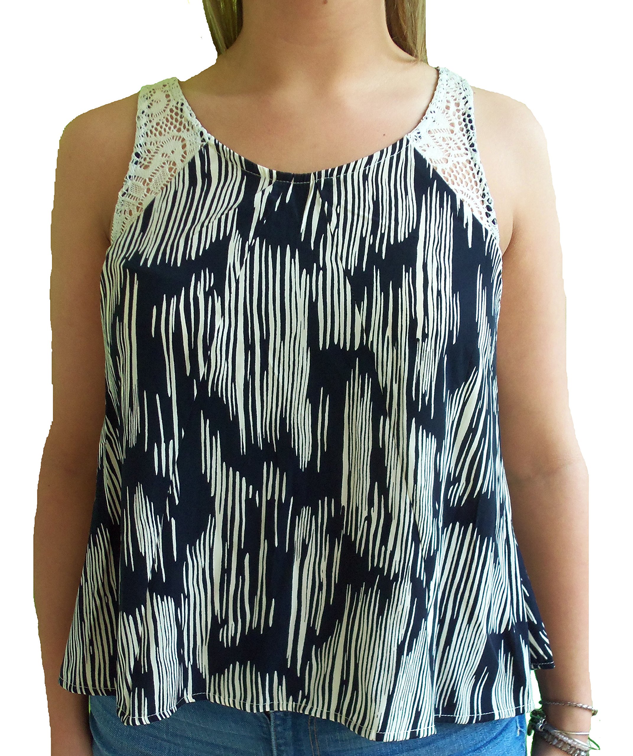 Liberty Love Juniors Crochet Lace Swing Tank Top - Women's Flowy Summer Beach Top (Large, Navy) | Casual Wear, Vacation Outfit, Boho Chic Style