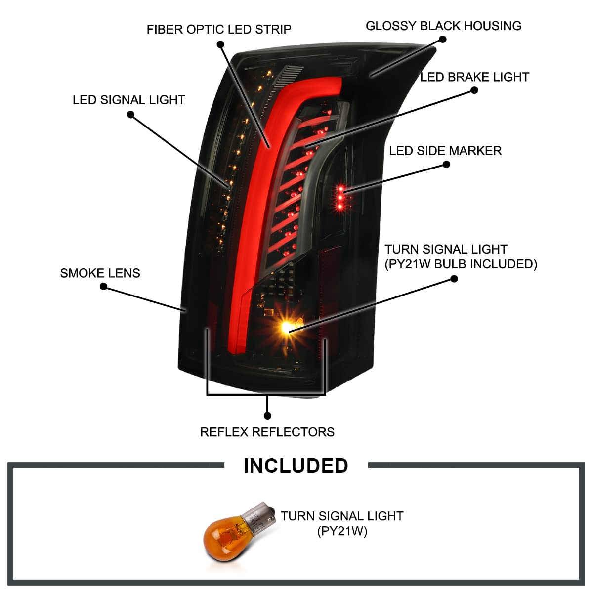 Spec-D Tuning Glossy Black Smoke LED Tail Lights for 2003-2007 Cadillac CTS - Left & Right Pair Assembly - Enhanced Night Visibility & Style Upgrade for Your Car