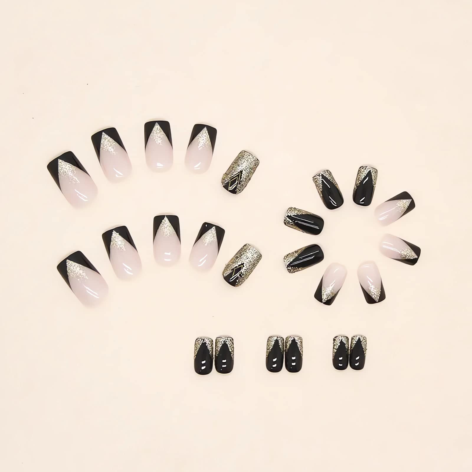 Premium French Tip Press on Nails - 24PCS Medium Length Square Fake Nails with Gold Glitter Designs | Full Cover Black Glue on False Nails for Women & Girls | Perfect for Parties, Weddings, and Special Occasions
