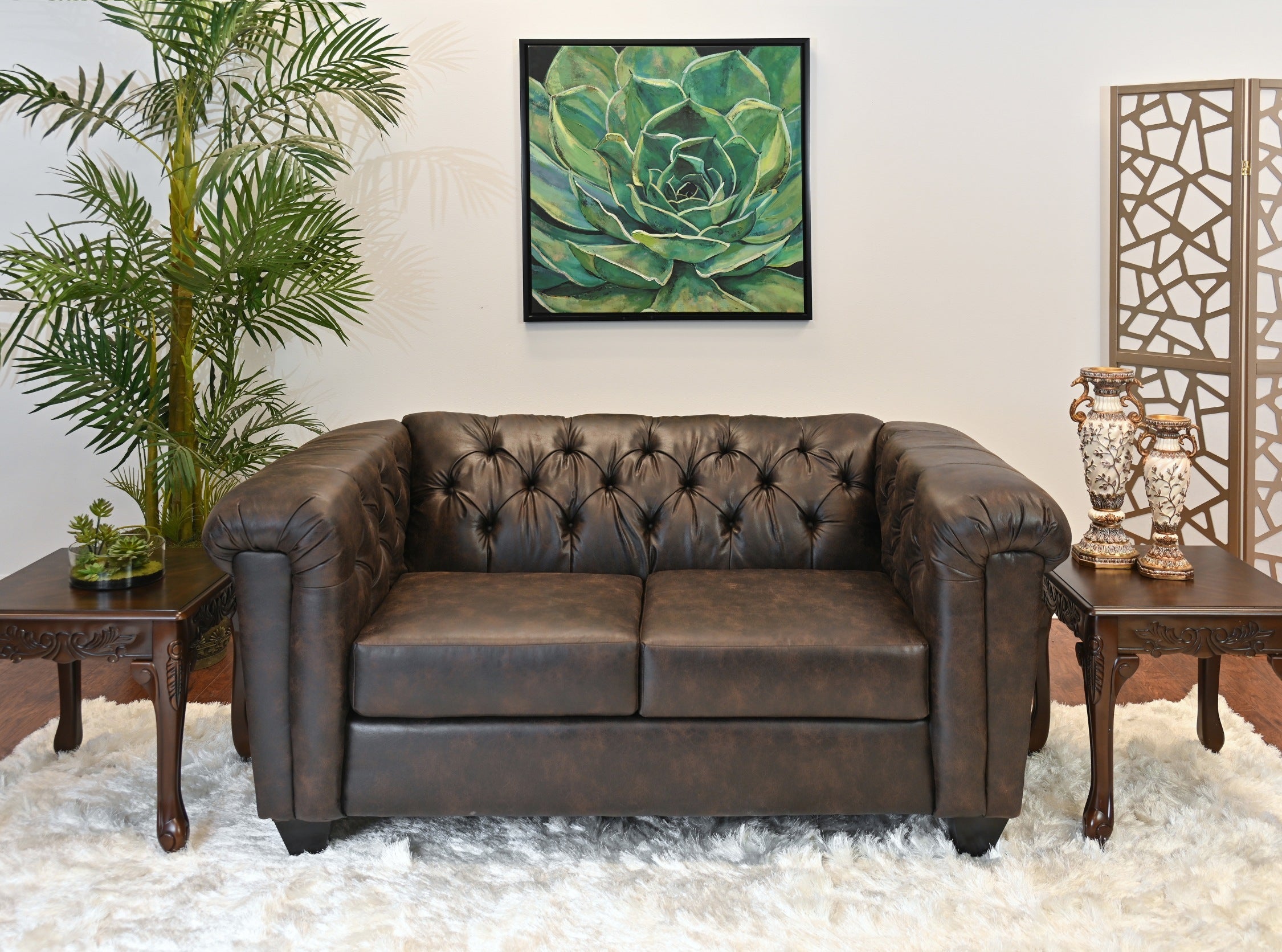 Horton Faux Leather Chesterfield Loveseat Sofa - Brown - Classic Tufted Small Couch for Living Room, Office & Lounge Areas