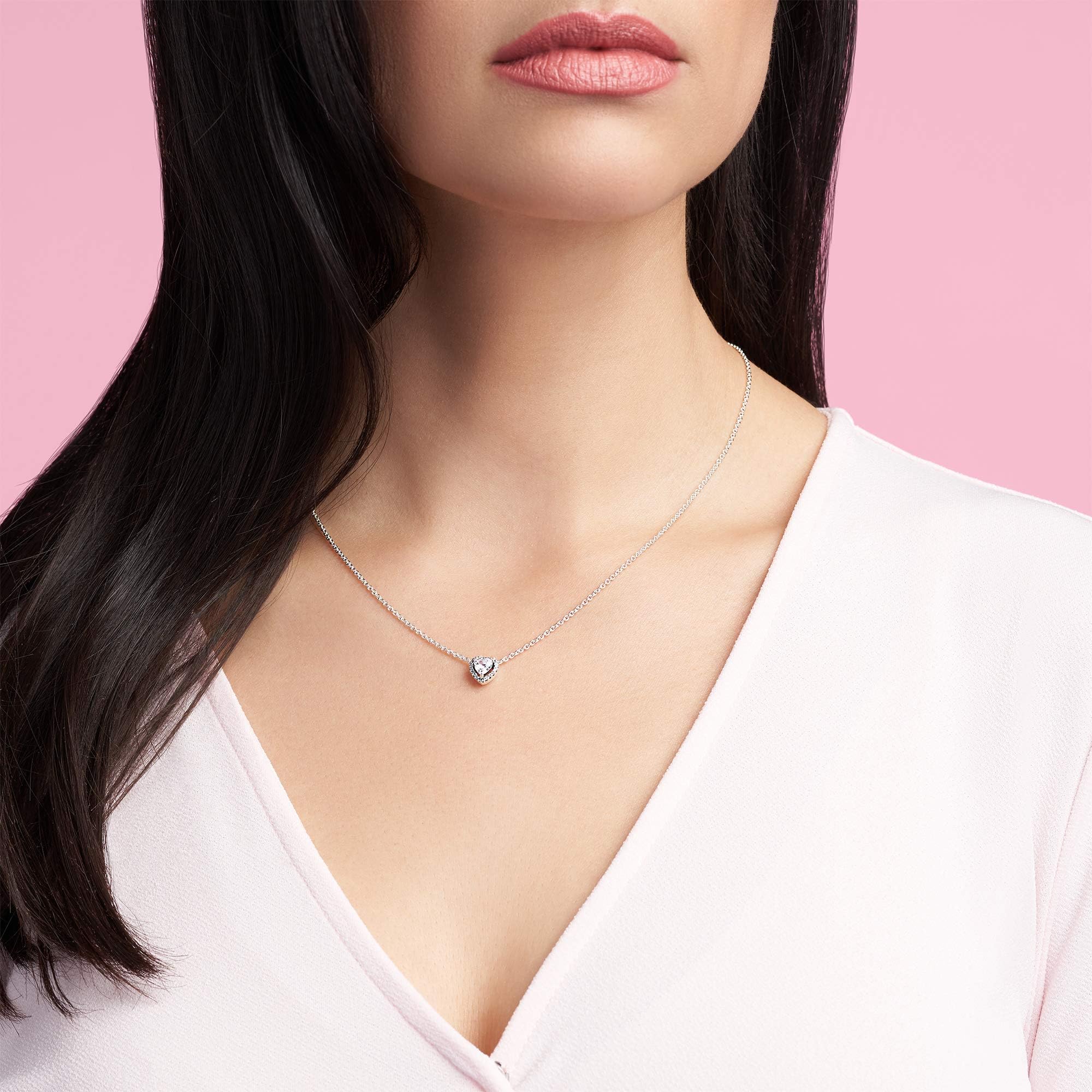 PANDORA Sterling Silver Elevated Heart Cubic Zirconia Necklace - 17.7 Inch Elegant Dainty Pendant Jewelry for Women, Perfect Gift for Valentine's Day, Anniversary or Birthday (No Box Included)