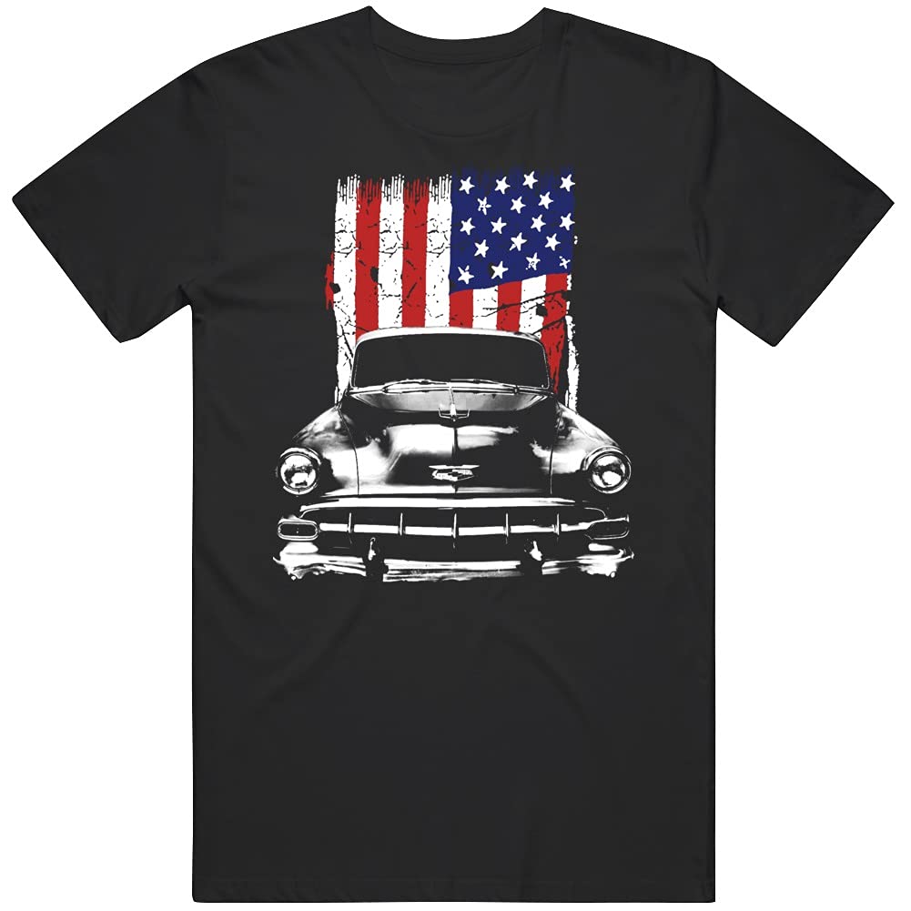 1954 Chevy 210 Front Grill with American Flag Vintage T-Shirt - Classic Car Enthusiast Apparel for Men & Women - Perfect for Car Shows, 4th of July, and Patriotic Events