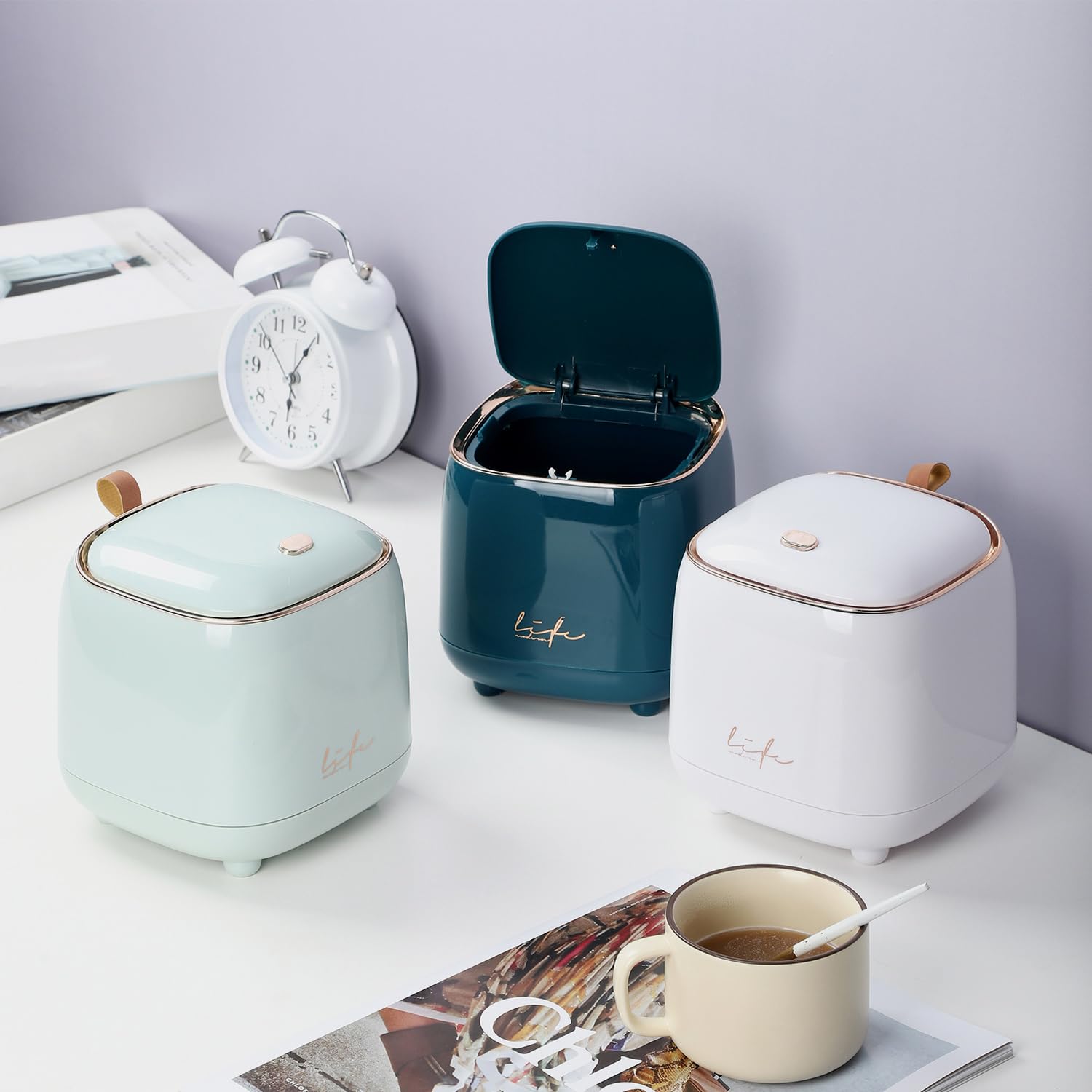 Mini Pop Up Trash Can with Locking Lid - Portable Small Waste Bin for Desk, Office, Car, SUV & Camping - Perfect for Home, Travel and Road Trips