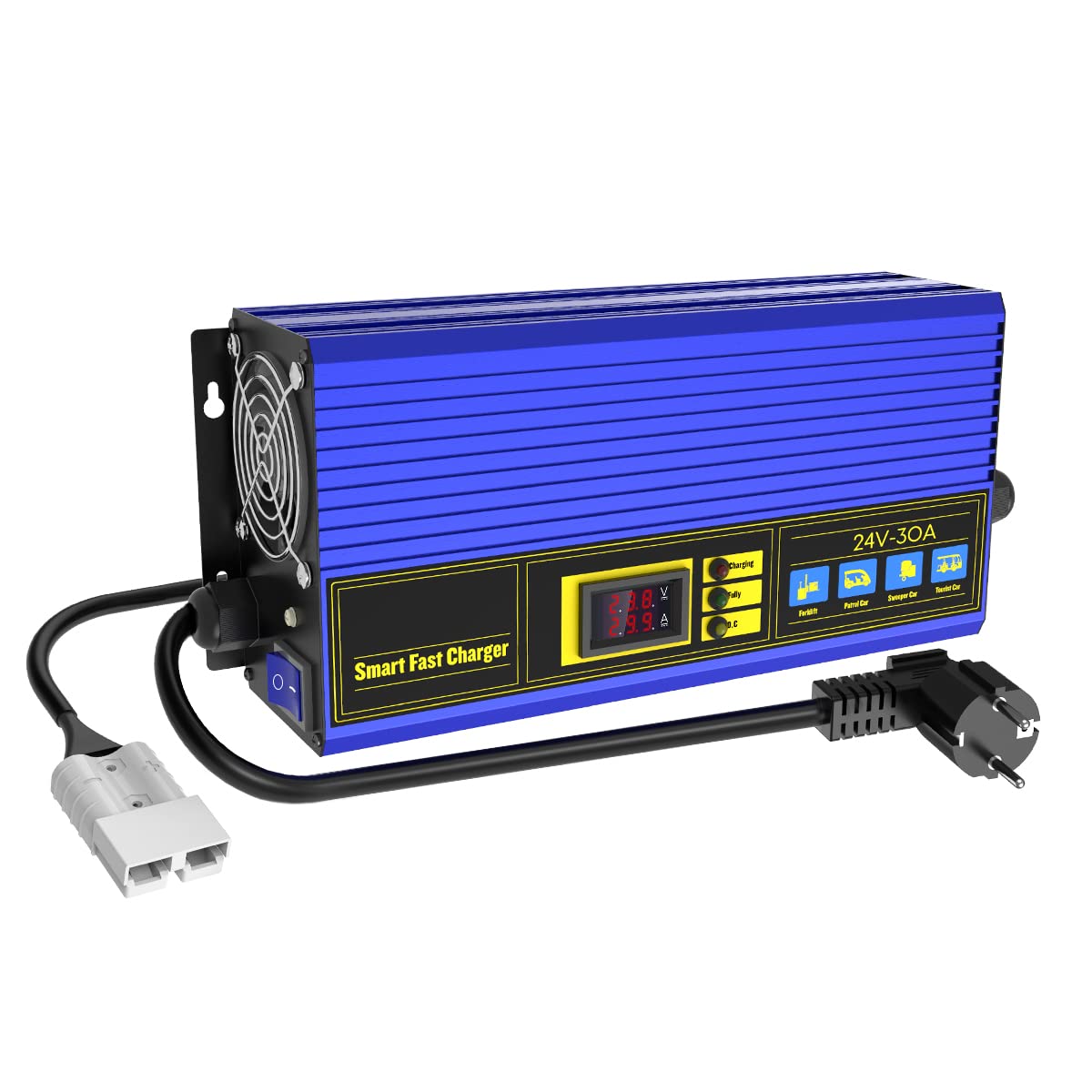 24V 30A Fast Smart Golf Cart Battery Charger - Fully Automatic for Electric Pallet Jack, Forklift & Club Car - Temperature Control, LCD Display, Cooling Fan, 3 Protection Systems - 110V - Perfect for Warehouses, Golf Courses & Industrial Use