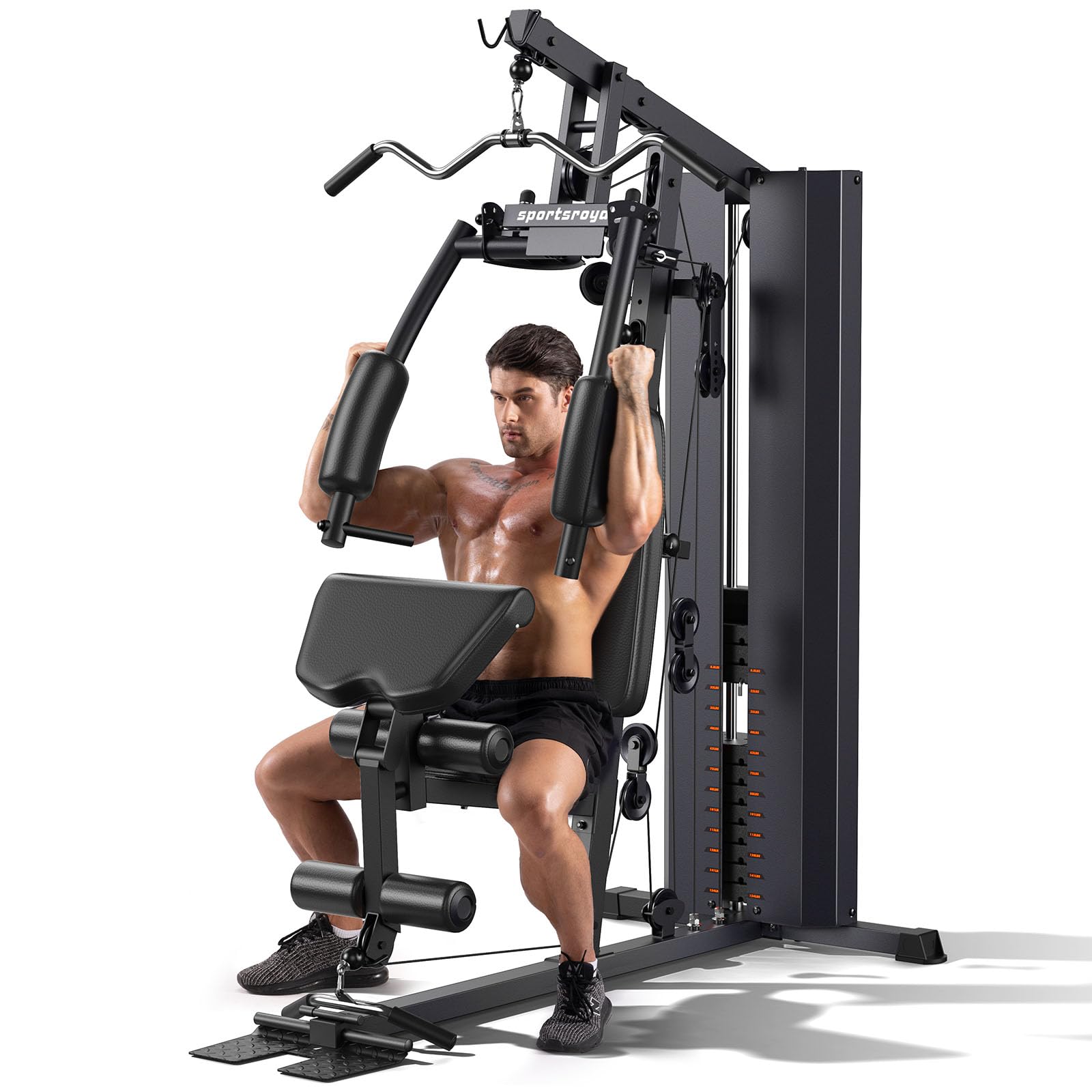 Sportsroyals Multifunctional Home Gym Equipment - 154LBS Weight Stack, Full Body Workout Station with Pulley System for Strength Training | Perfect for Home Fitness, Muscle Building & Cardio Exercises