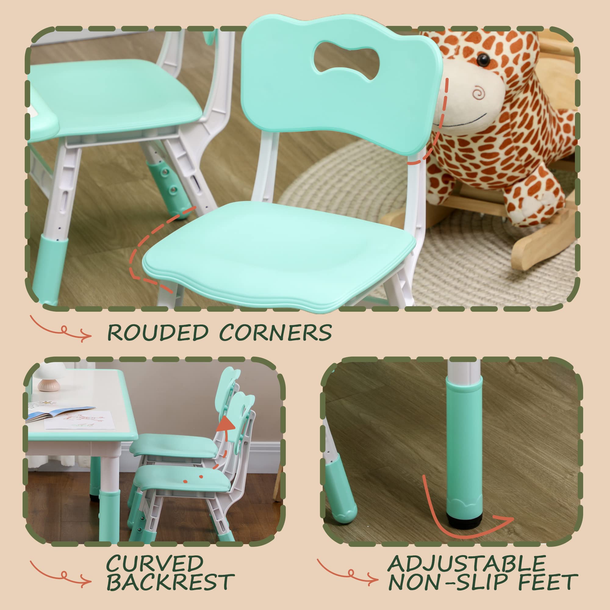 Qaba 5-Piece Adjustable Height Kids Table and Chair Set for Toddlers 1.5-5 Years - Perfect for Homeschooling, Snack Time & Playroom Activities - Green