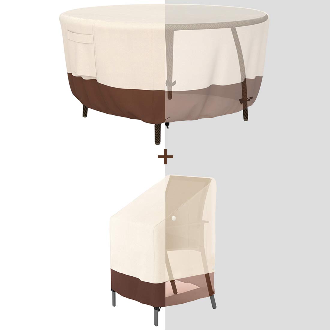 Tuyeho 600D Heavy Duty Waterproof Patio Furniture Covers - Round Table Cover & Outdoor Stackable Chair Covers Set, Weather Resistant Garden Furniture Protector for All Seasons (Beige & Brown) | Perfect for Backyard, Deck, Poolside & Outdoor Dining Areas