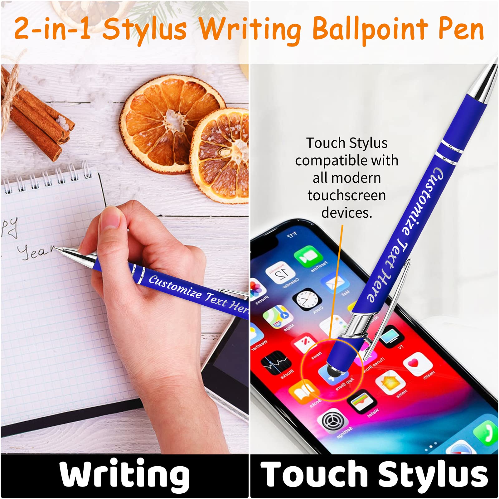 Custom Engraved Ballpoint Pens with Stylus - Personalized Bulk Pens for Name or Text Engraving - Perfect Anniversary, Birthday & Graduation Gifts (Blue) - Ideal for Corporate Events, School Supplies & Thoughtful Present Giving