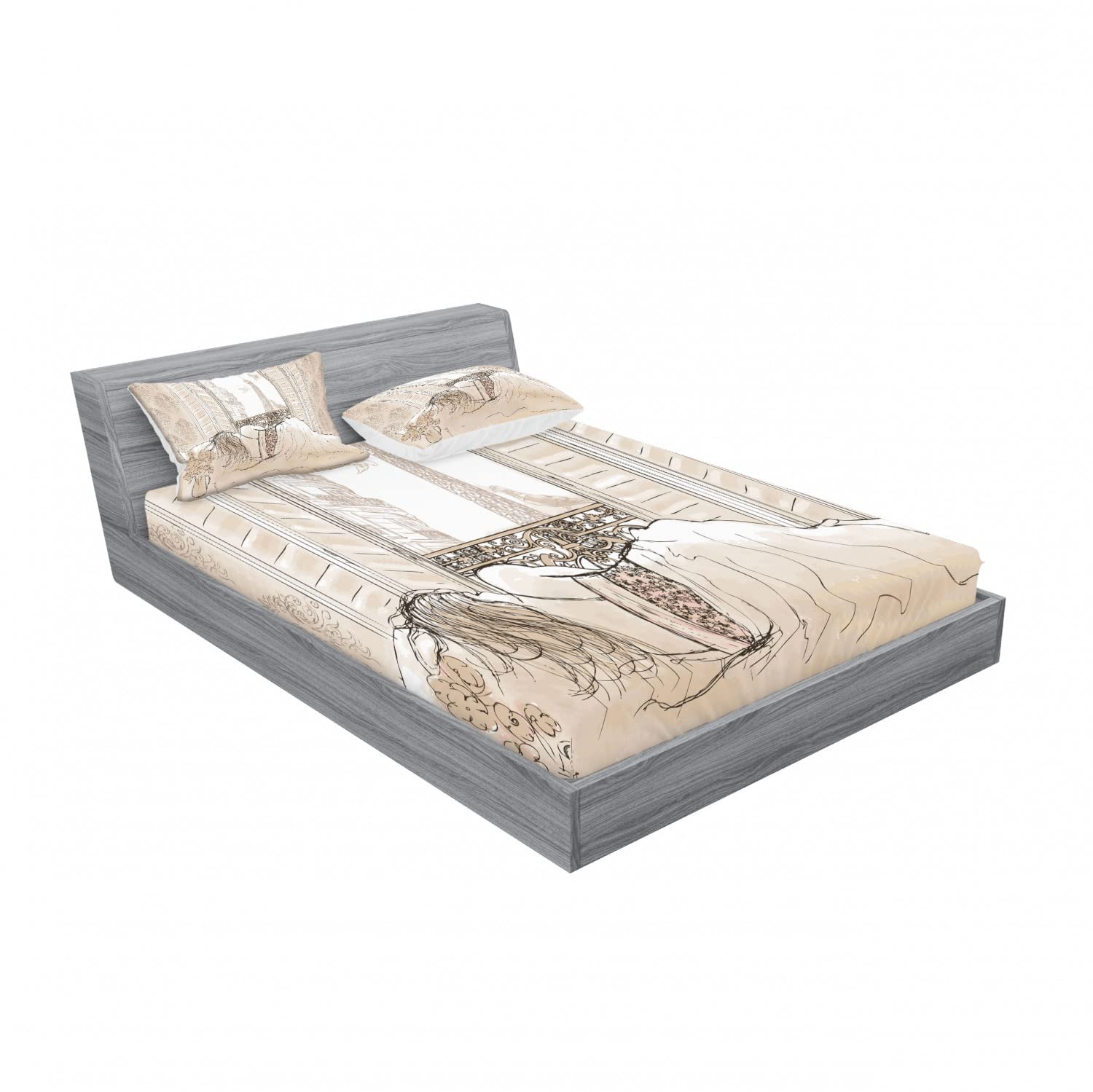 Ambesonne 4-Piece Queen Size Bedding Set - 2 Fitted Sheets & 2 Pillow Shams with Eiffel Tower Design in Cream | Soft Luxury Bed Sheets for Guest Room, Vacation Rental & Paris-Themed Bedroom Decor