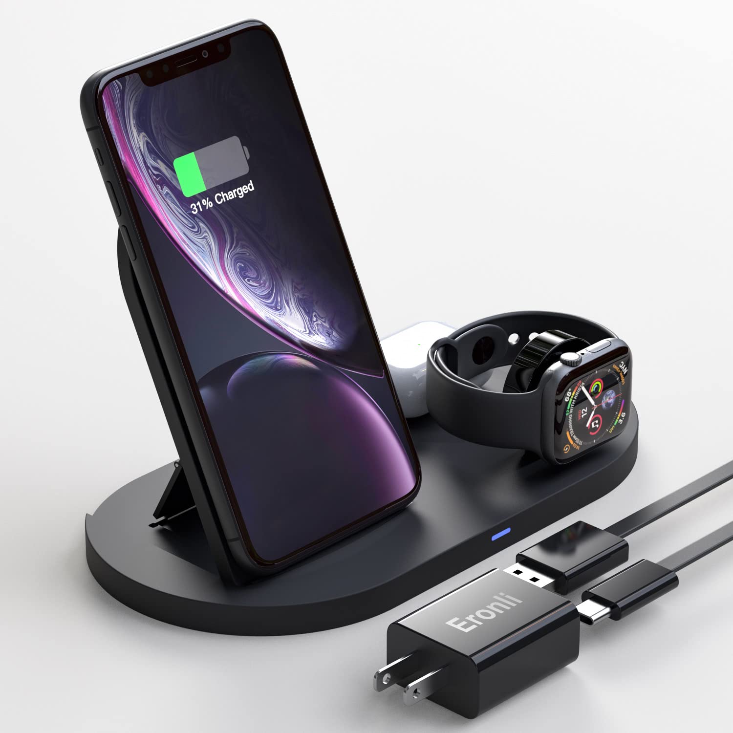 Eronli 3-in-1 Wireless Charging Station for iPhone, Apple Watch & AirPods | Qi-Certified Fast Charger with 20W USB-C Adapter | Compatible with iPhone 13/12/11/Pro Max/X, Apple Watch SE/7/6/5/4, AirPods Pro/2 | Perfect for Bedside, Office & Travel Charging