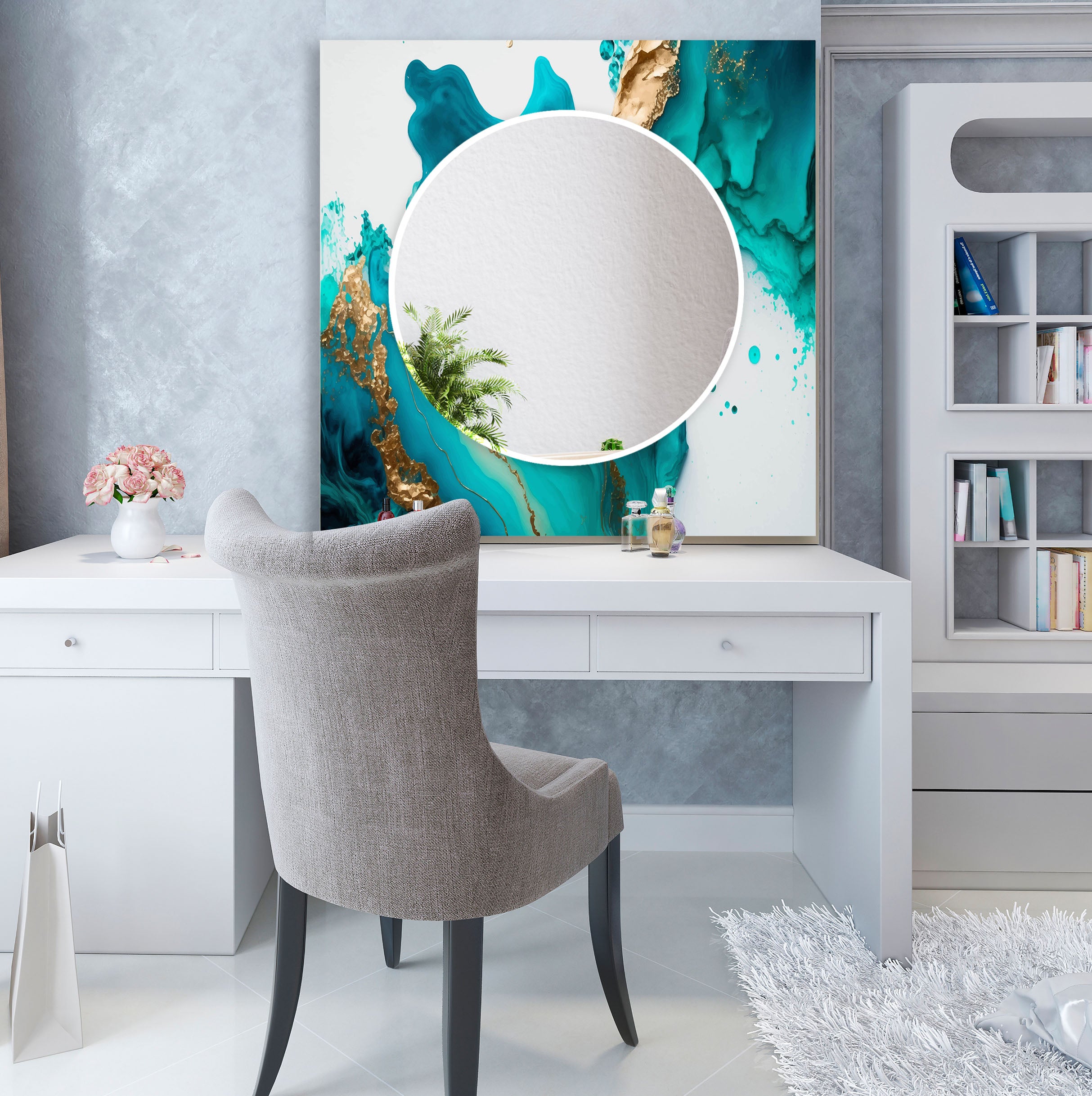 Aqua Marble Glass Wall Mirror with Turquoise Abstract Frame - Elegant Bathroom & Bedroom Decor for Modern Homes