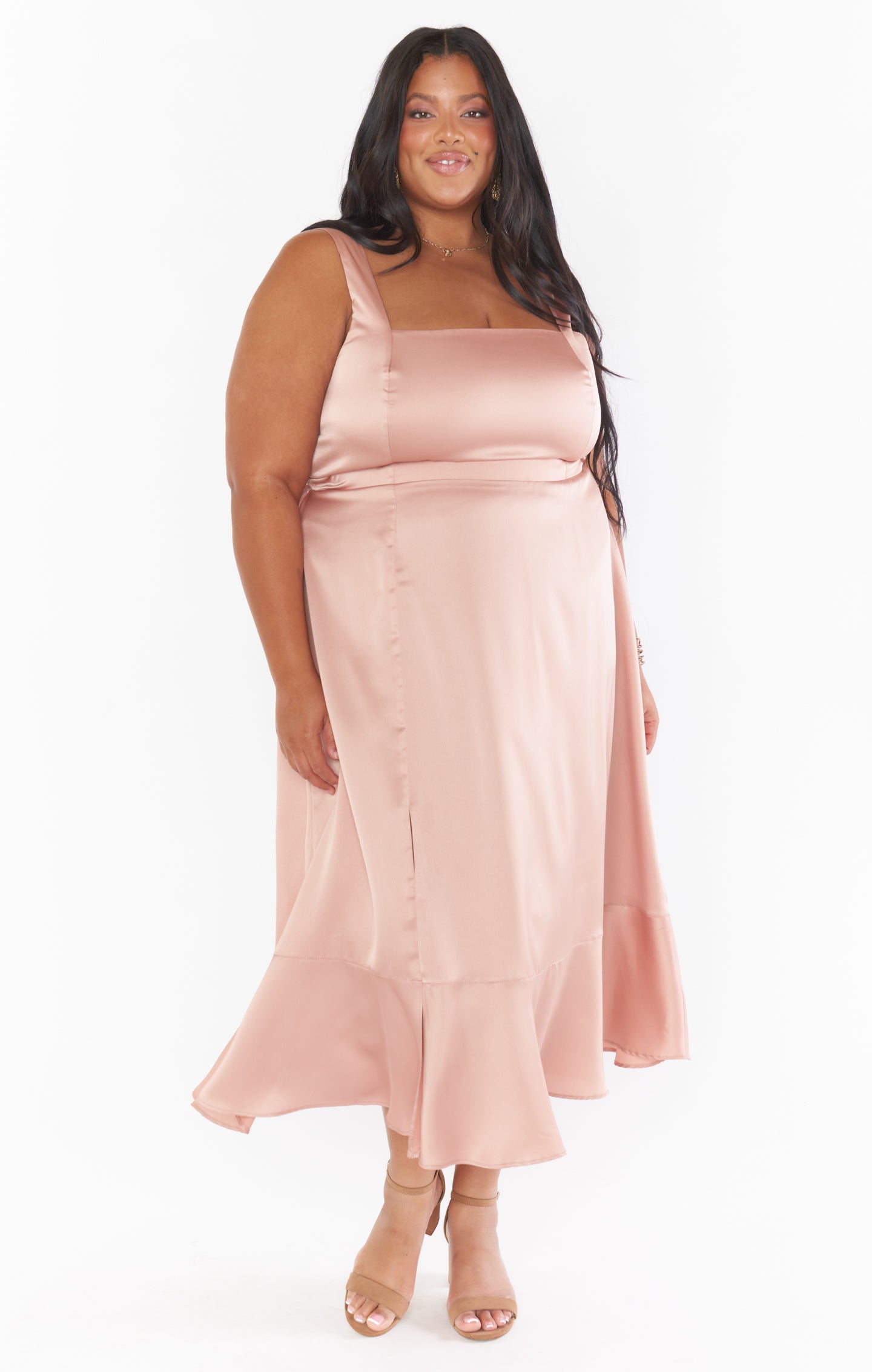 Claire Midi Dress - Rose Gold Luxe Satin Formal Evening Gown for Women | Perfect for Weddings, Parties & Special Occasions