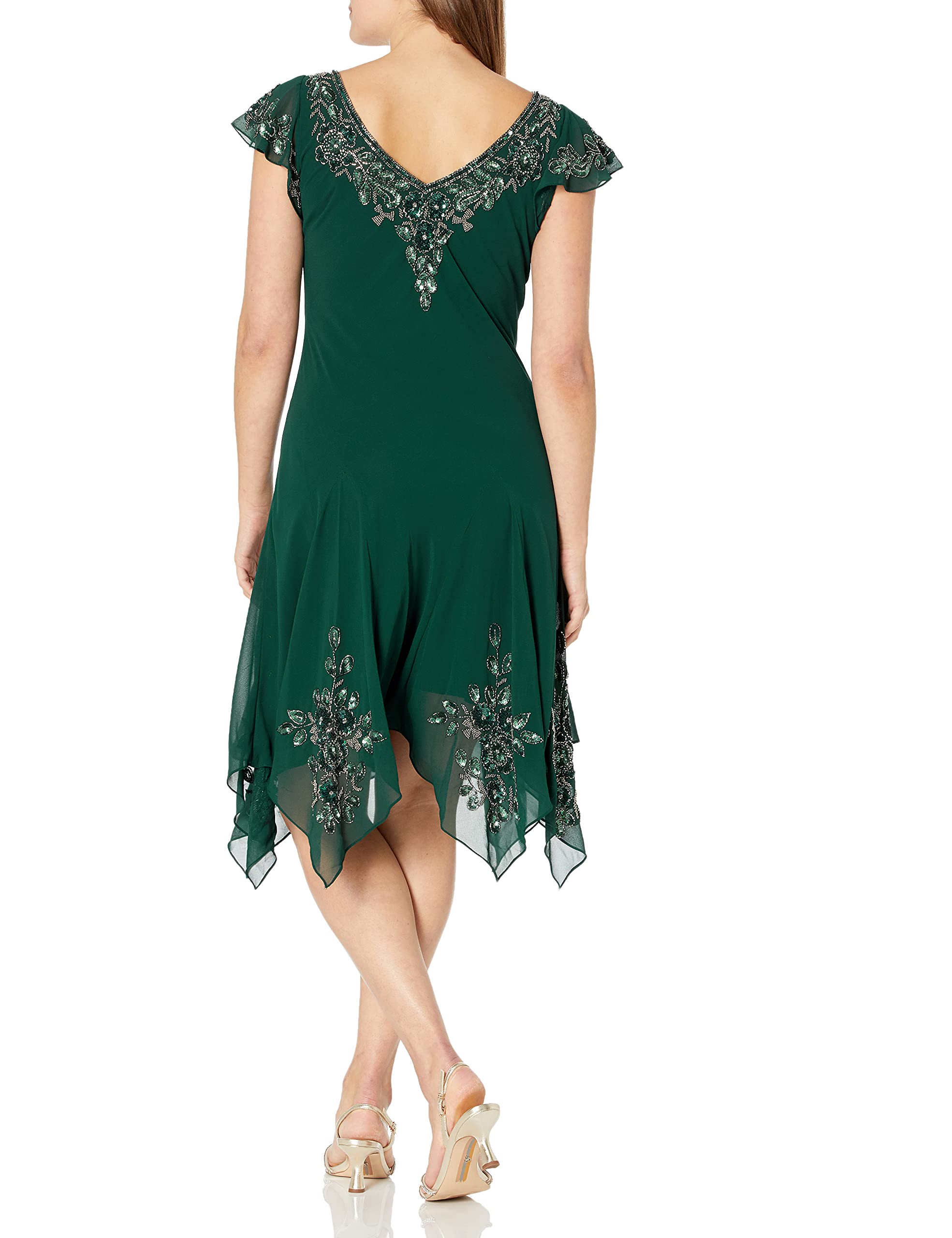 J Kara Women's Plus Size Petite Flutter Sleeve Cocktail Dress with Beaded Hanky Hem - Perfect for Parties, Weddings & Special Occasions
