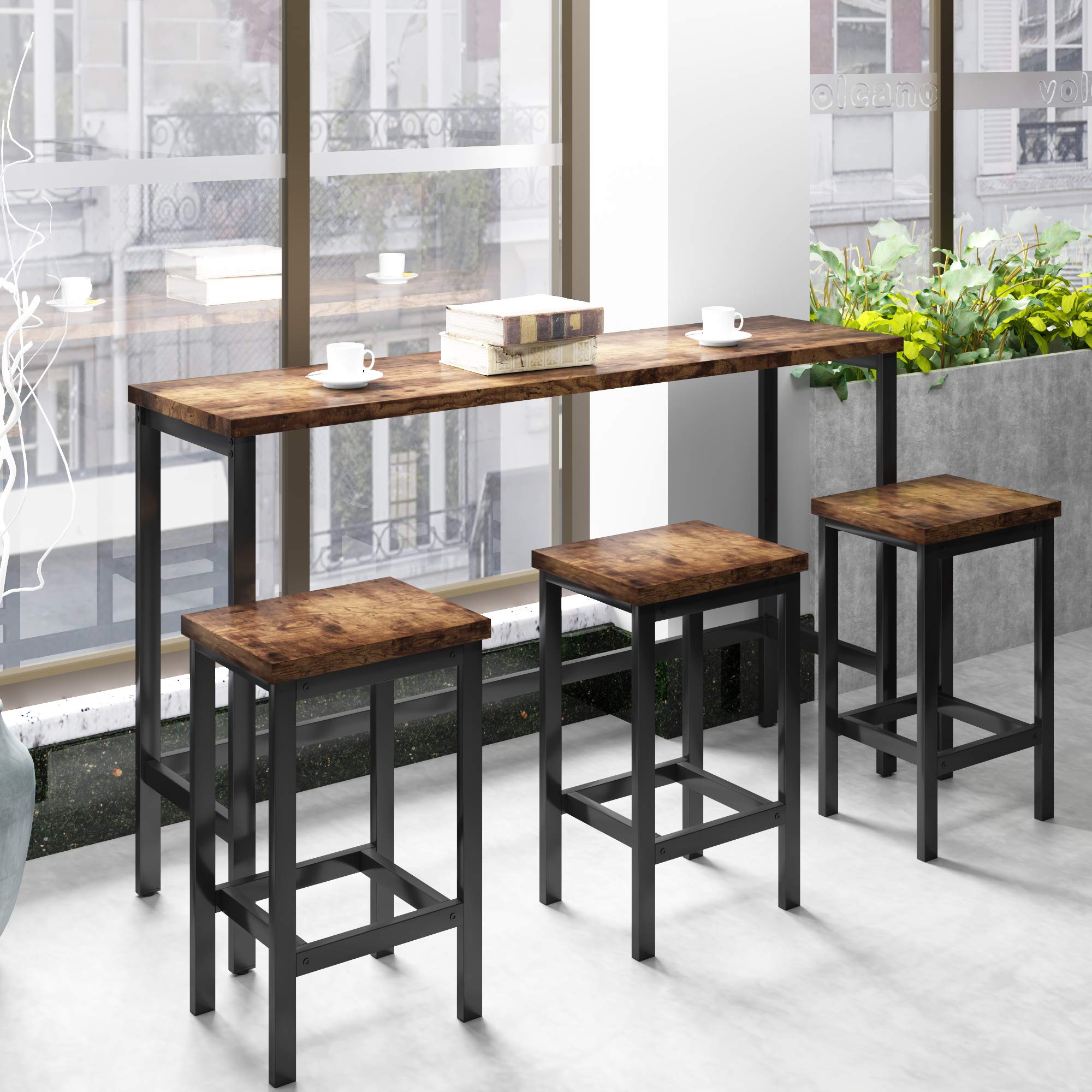4-Piece Counter Height Extra Long Dining Table Set with 3 Stools - Brown Bar Table Set with Footrest for Kitchen, Pub & Small Space Dining - Perfect for Breakfast Nook, Apartment & Entertaining Guests