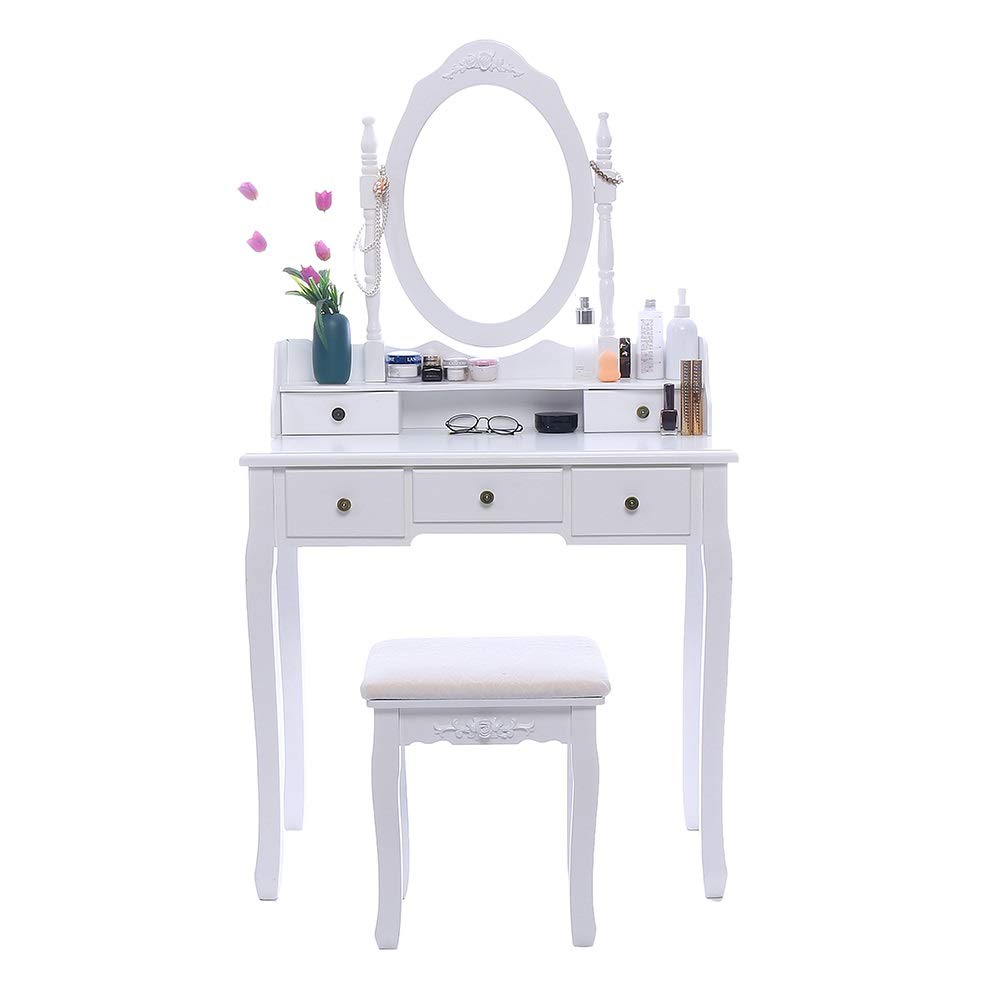 TANGIST 5 Drawer Vanity Makeup Dressing Table Set with Mirror & Chair - White Jewelry Storage Cabinet for Bedroom, Bathroom & Dressing Room Organization